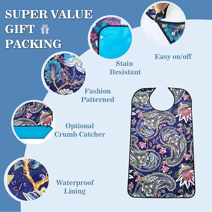 Adult Bibs with Crumb Catcher, Washable and Adjustable Adult Bibs for Women Men Elderly Seniors