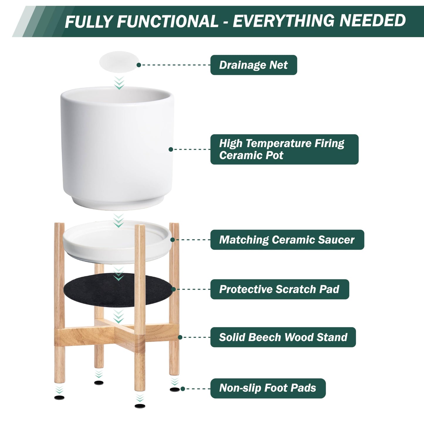 D'vine Dev Ceramic Planter with Natural Stand - 8 Inch Modern Round Flower Pot with Wood Planter Holder, White, 55-B-N-1
