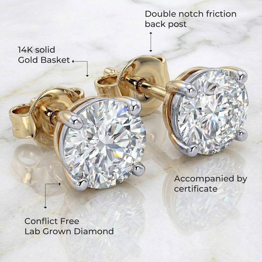 Diamond Earrings for Women | Lab Created 1/6 CTTW Real 14K Yellow Gold Small Diamond Studs | Certified by Gemologists | Ideal Valentine's Day Surprise for Wife