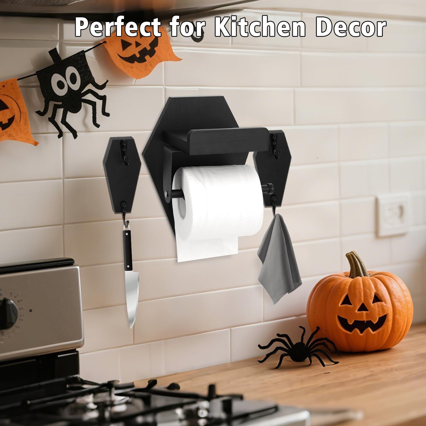 Goth Coffin Toilet Paper Holder with Phone Shelf - Black Wooden Gothic Holder, Funny Halloween Bathroom Decor, Spooky Gothic Coffin Decor, Ideal for Gothic Bathroom Decor (with Coffin Key Holder)