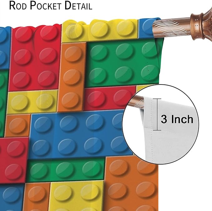 Building Block Toy Curtain Rod Pocket Children's Nursery Abstract Outline Colorful Toy Cartoon Theme Brick Geometric Print Curtain, Blackout Curtain for Boys and Girls Room 63x63in