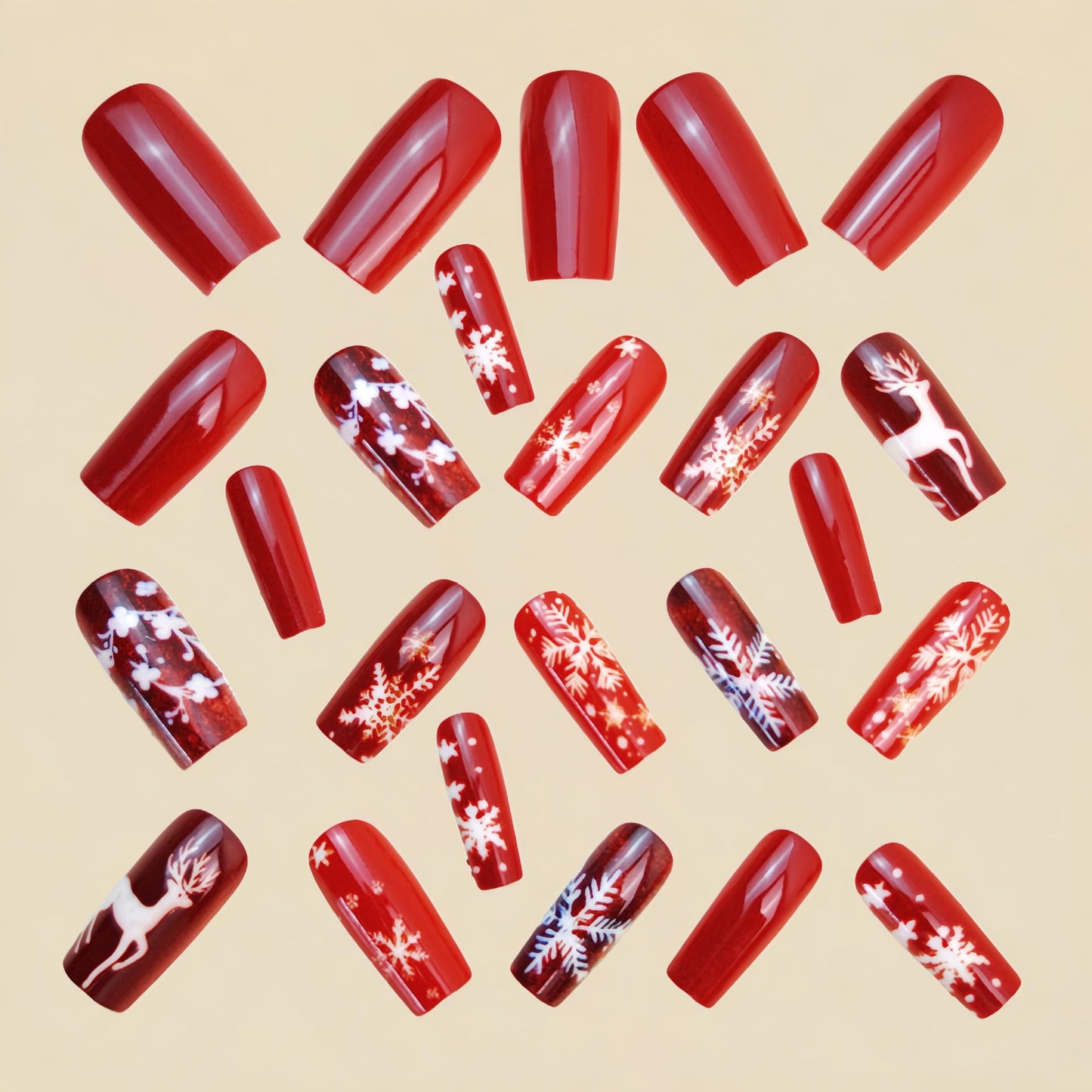 Christmas Deer Red Press on Nails Medium Square Fake Nails with Snowflake Designs Full Cover Winter Nails Press ons Xmas Reusable Acrylic False Nails for Women 24Pcs