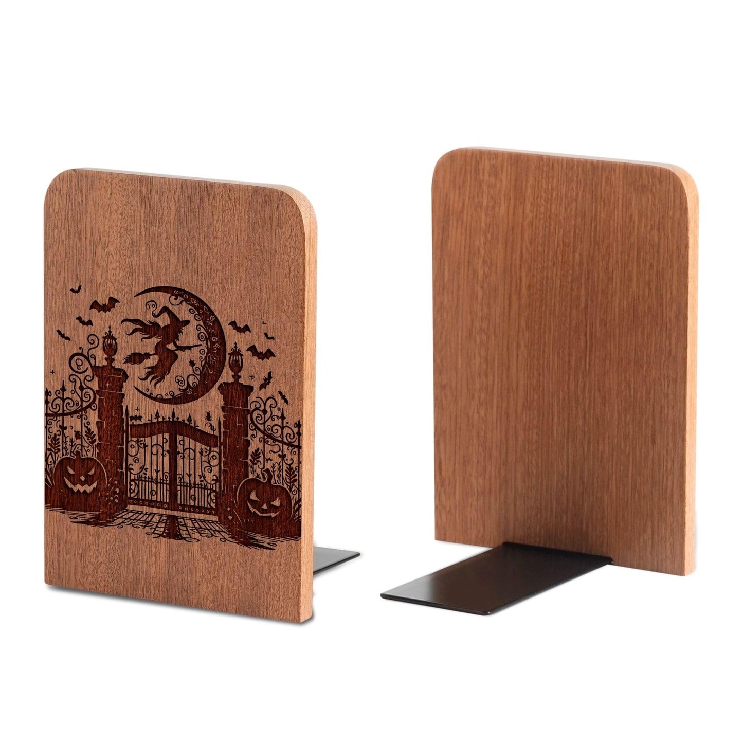 Goth Gifts for Women Men, Gothic Bookends, Heavy Duty Wooden Book Ends for Shelves Decorative(1 Pair, 4.72x6.69 Inches) - Witch
