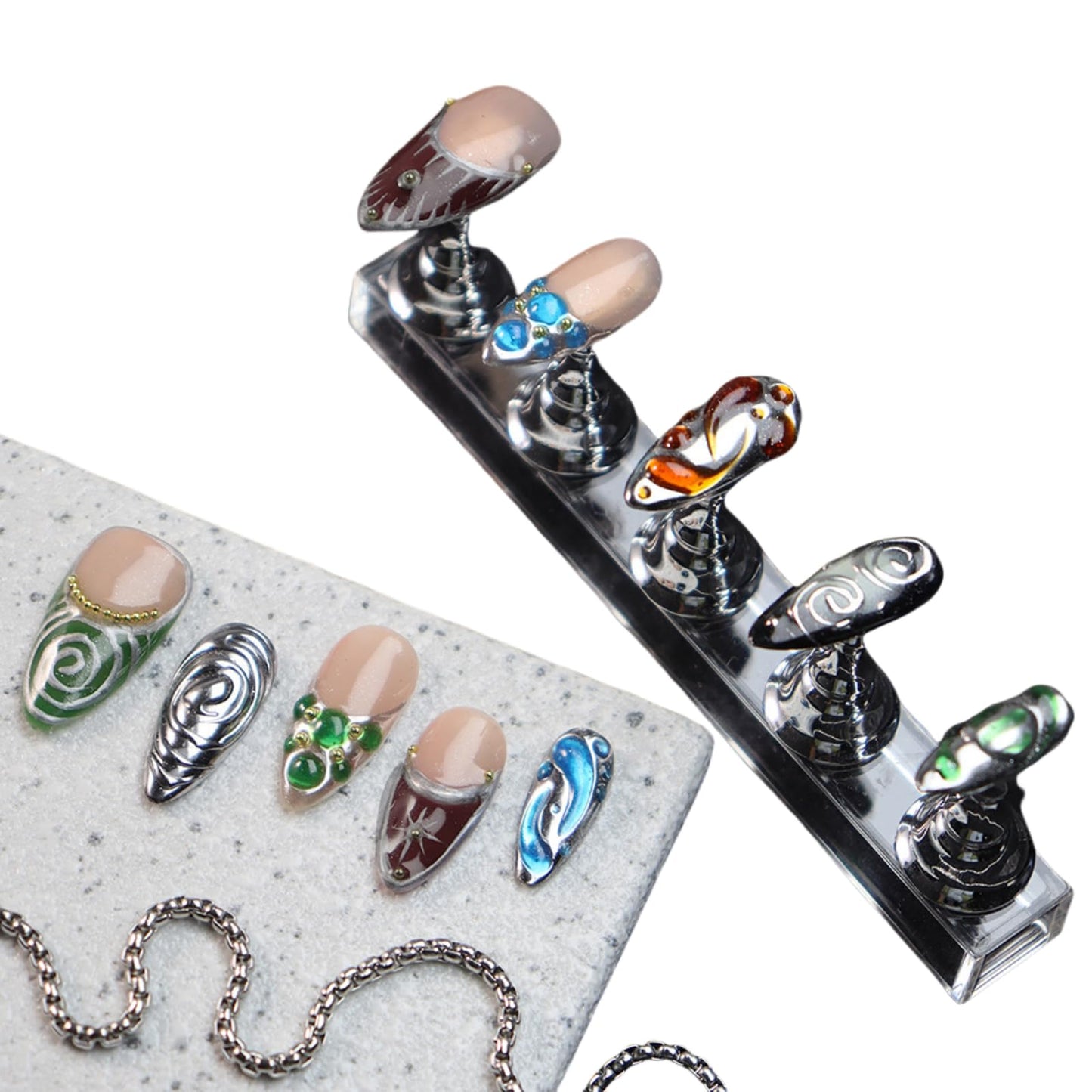 Almond Press on Nails Handmade Medium Long/Stiletto 3D Flower Fake Nail with Designs, Women Reusable False Nails (French Tip Silver, S)