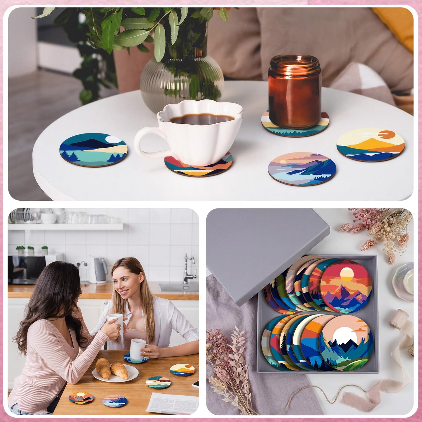 Reallnaive 8 Pcs Mountain Paint by Numbers Kit for Adults Cute Coasters with Holder Mini Paint by Numbers Kits Round Oil Painting Drink Coaster for Small DIY Craft Birthday Gift