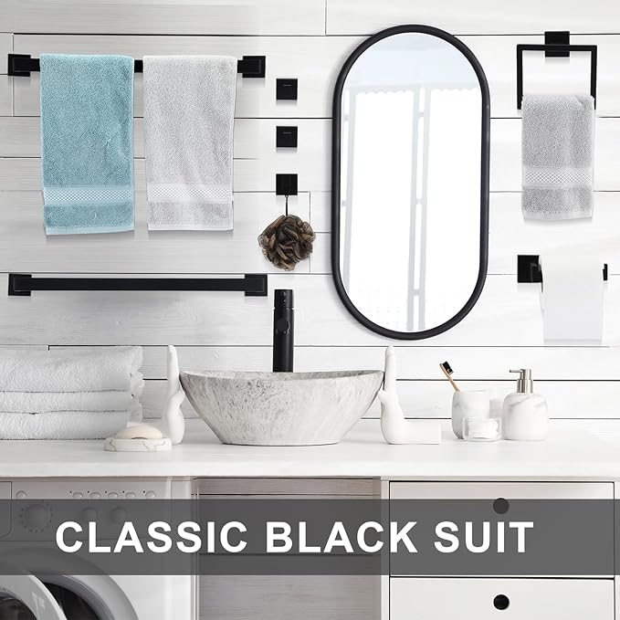 Gisafai 25 Pcs Bathroom Hardware Accessories Set 23.6 Inch Bath Towel Bar Kit Stainless Steel Bathroom Hardware Set Towel Racks Ring Hooks Paper Holder for Wall Mounted (Black)