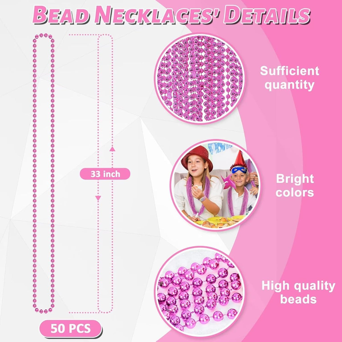 24PCS Bead Necklace, Breast Cancer Awareness Beaded Necklaces Stuff, 33" Mardi Gras Beads Necklace Costume, Festival Parade Throw Accessories for Wedding Birthday Gender Reveal Party Events Supplies