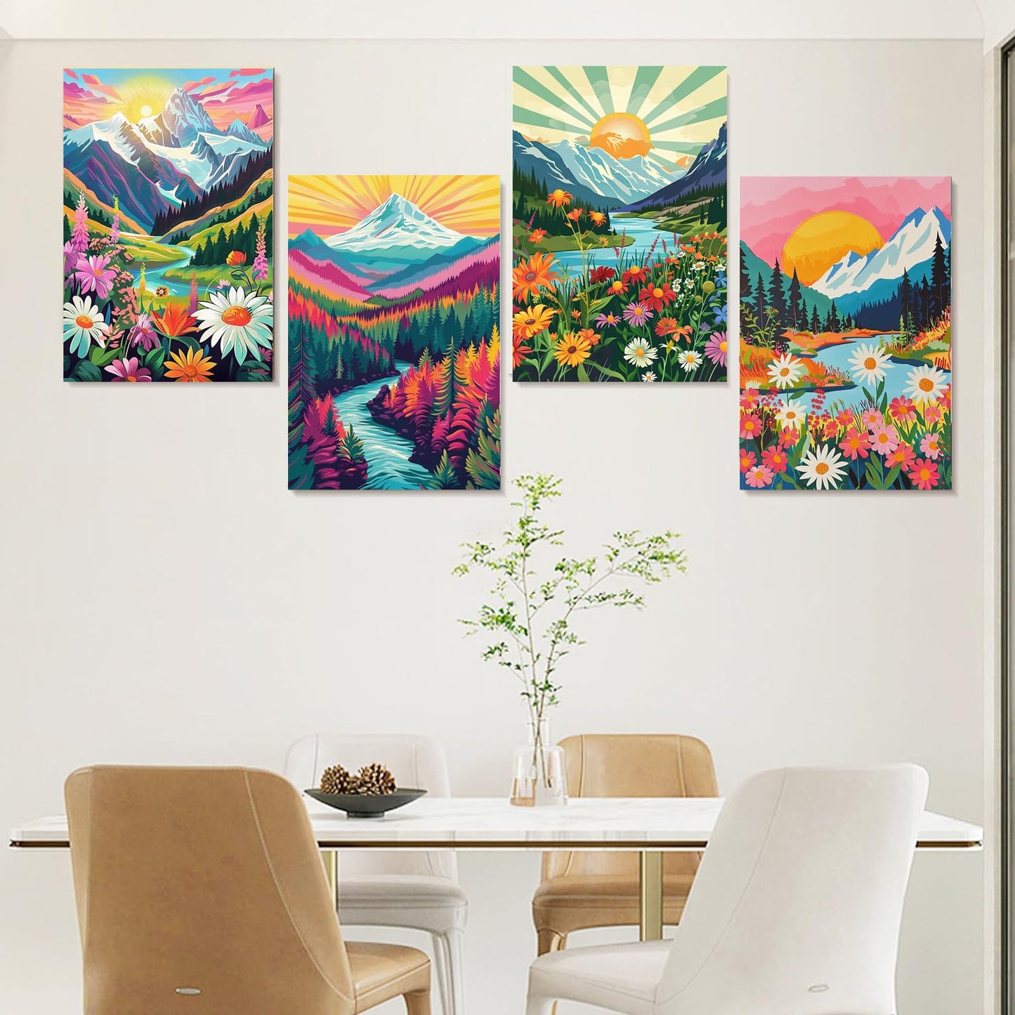 Jethami 4 Pack Paint by Numbers for Adults, Mountains Lake Sunset Landscape DIY Art Kits for Beginners, 8x12 in Framed Canvas for Home Decor