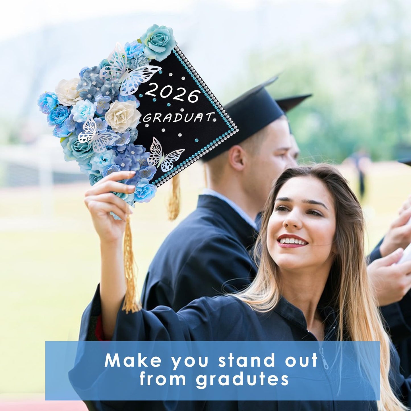 60 PCS Graduation Cap Decorations 2026Graduation Cap Decorations Kit 3DButterfly Stickers Graduation Cap Flowers DIY Graduation Cap Decorations Kit Graduation Party (Blue)