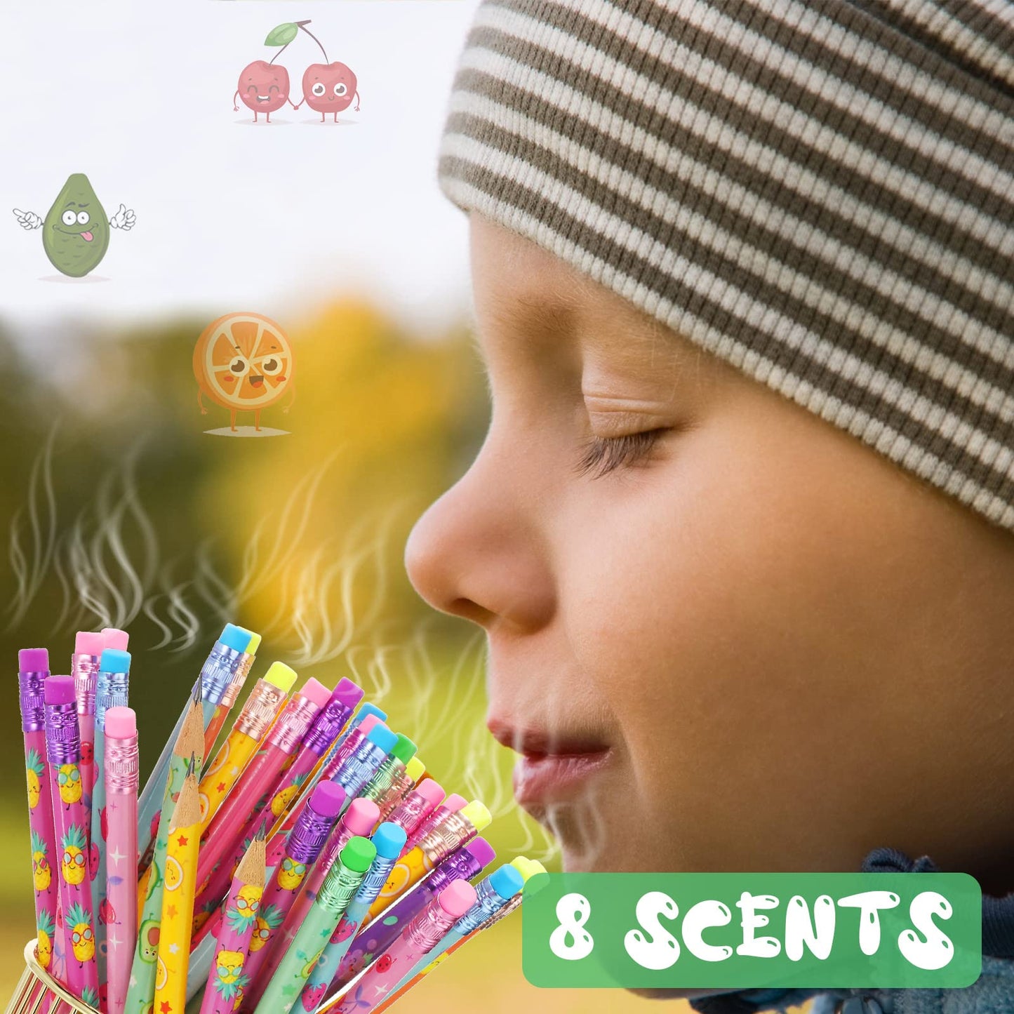 Leinuosen 300 Pcs Scented Pencils Bulk for Kids Inspirational Cute Fun Wood Smelly Pencils with Erasers Fruit Elements for School Classroom Office Students