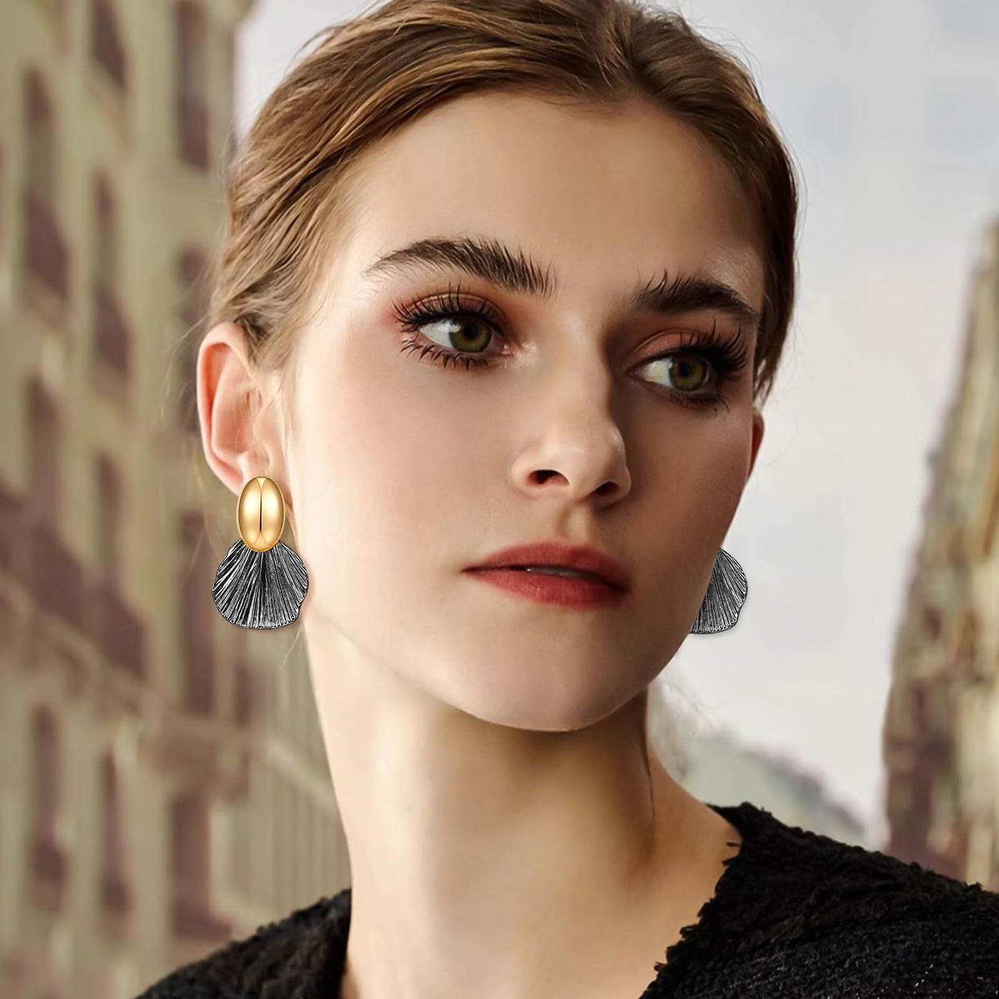 FILMOON Gold Plated Earrings Dangle Shell Earring for Women Two-Tone Fan-shaped Black Earrings Fashion Statement Jewelry