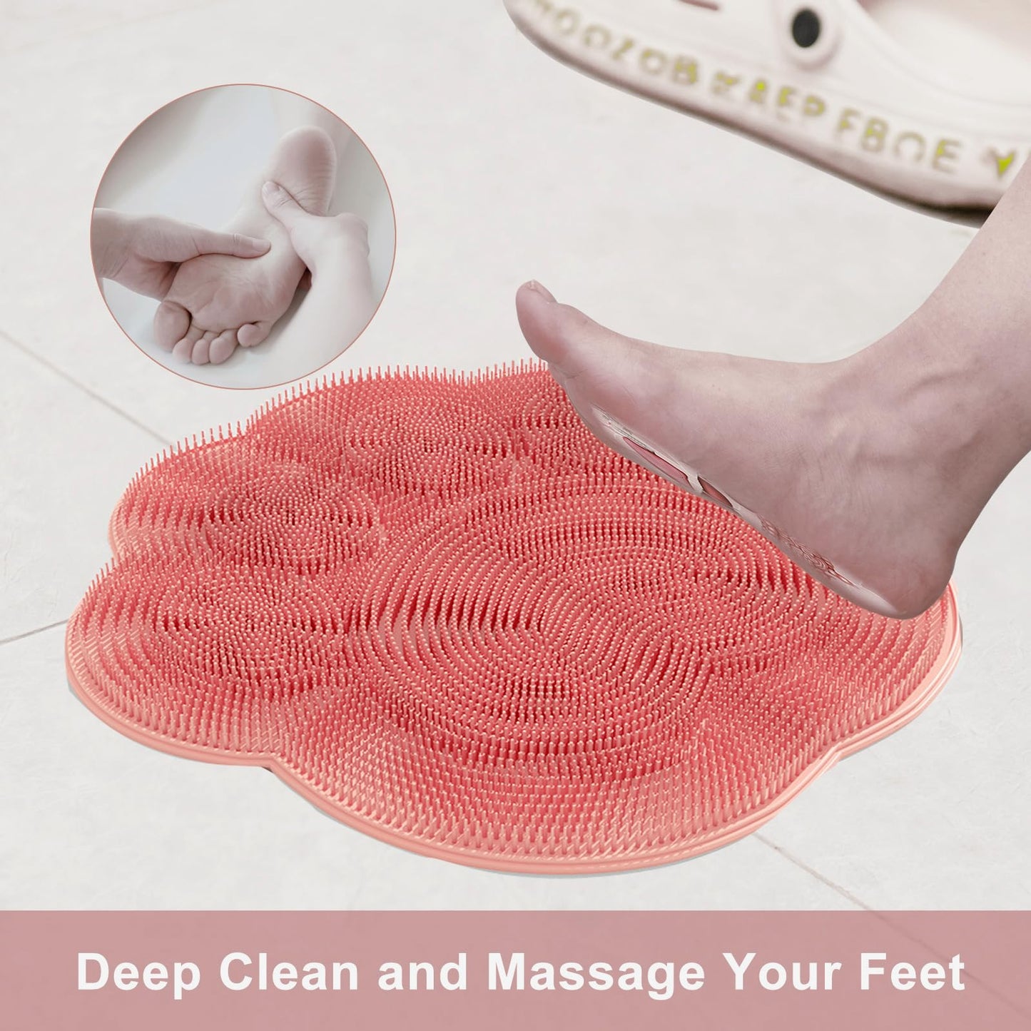 Foot Scrubber in Shower,Shower Foot Scrubber Mat,Silicone Foot Scrubber for Shower,Silicone Body Scrubber with Suction Cups,Bath Feet Scrub Mat with Storage Hook(Pink)