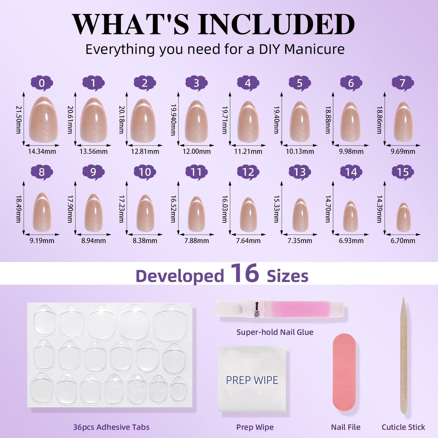 Cat Eye Press On Nails - Short Almond Cat Eye French Tip Press On Nails Press Ons for Women Nude Fake Nails with Glue, Glossy Reusable Glue on Nail in 16 Sizes - 32pcs