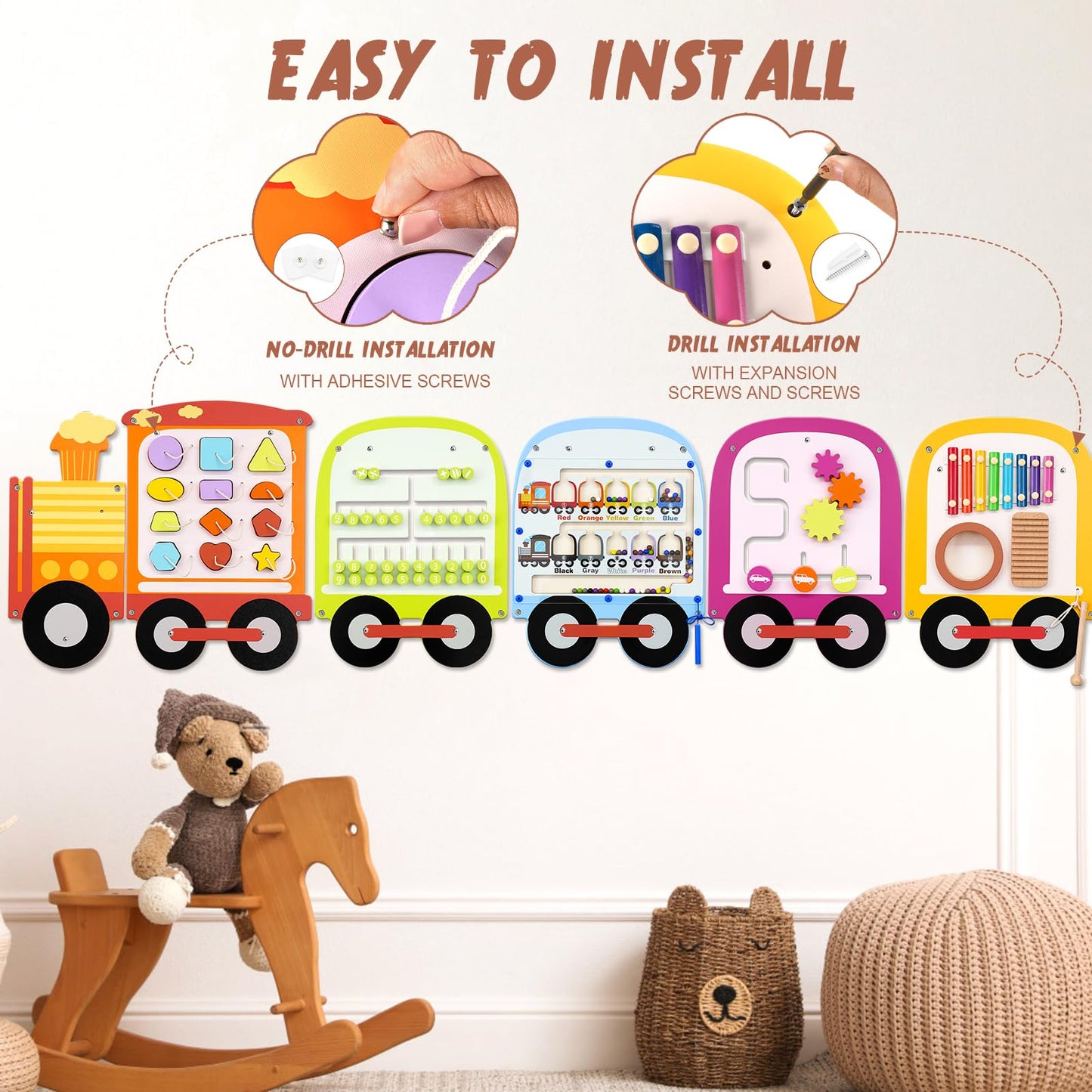 Joyreal Train Activity Wall Busy Board Panels - 8-in-1 Toddler Learning Activity Center - Wooden Montessori Sensory Toys for Playroom, Daycare, Classroom - Educational Toy for All-Round Development