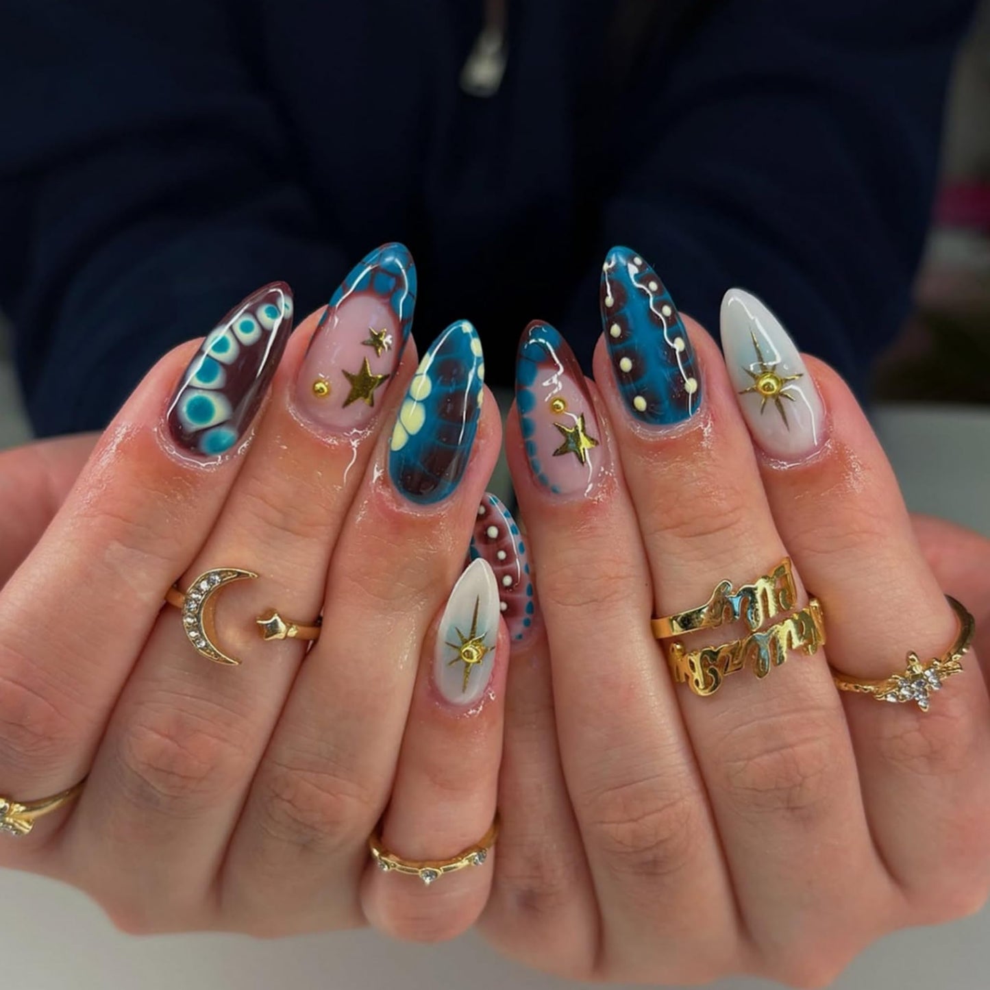 Long Press on Nails Almond Fake Nails Blue Acrylic Nail Press ons SEENEEY Stars Gold Charm Tortoise Shell Beach Stick on Nail for Women 24pcs