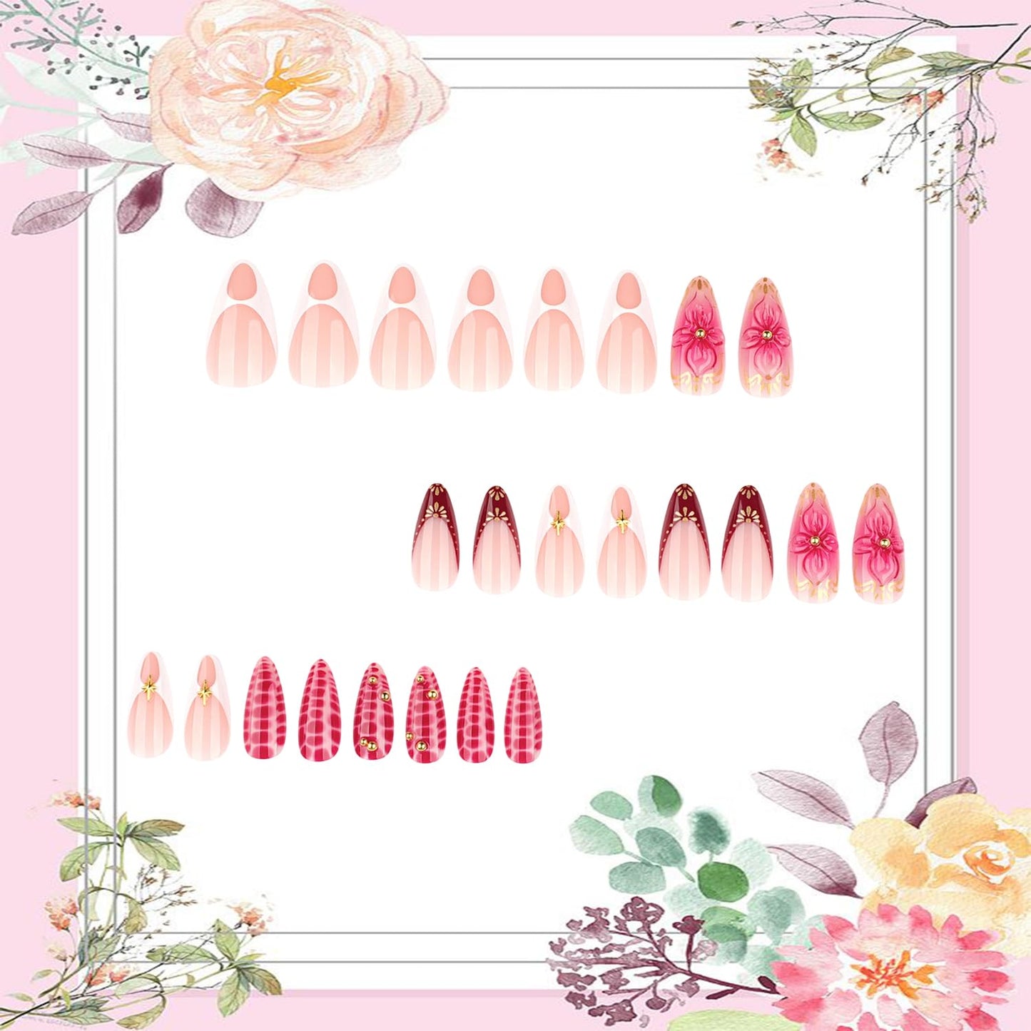 Flower Press on Nails Medium Almond Artificial Acrylic French Fake Nails 3D Floral Leopard Print with Gold Beads Spring Glossy Design Stick on Nail Glossy Artificial Fingernails for Women Manicure