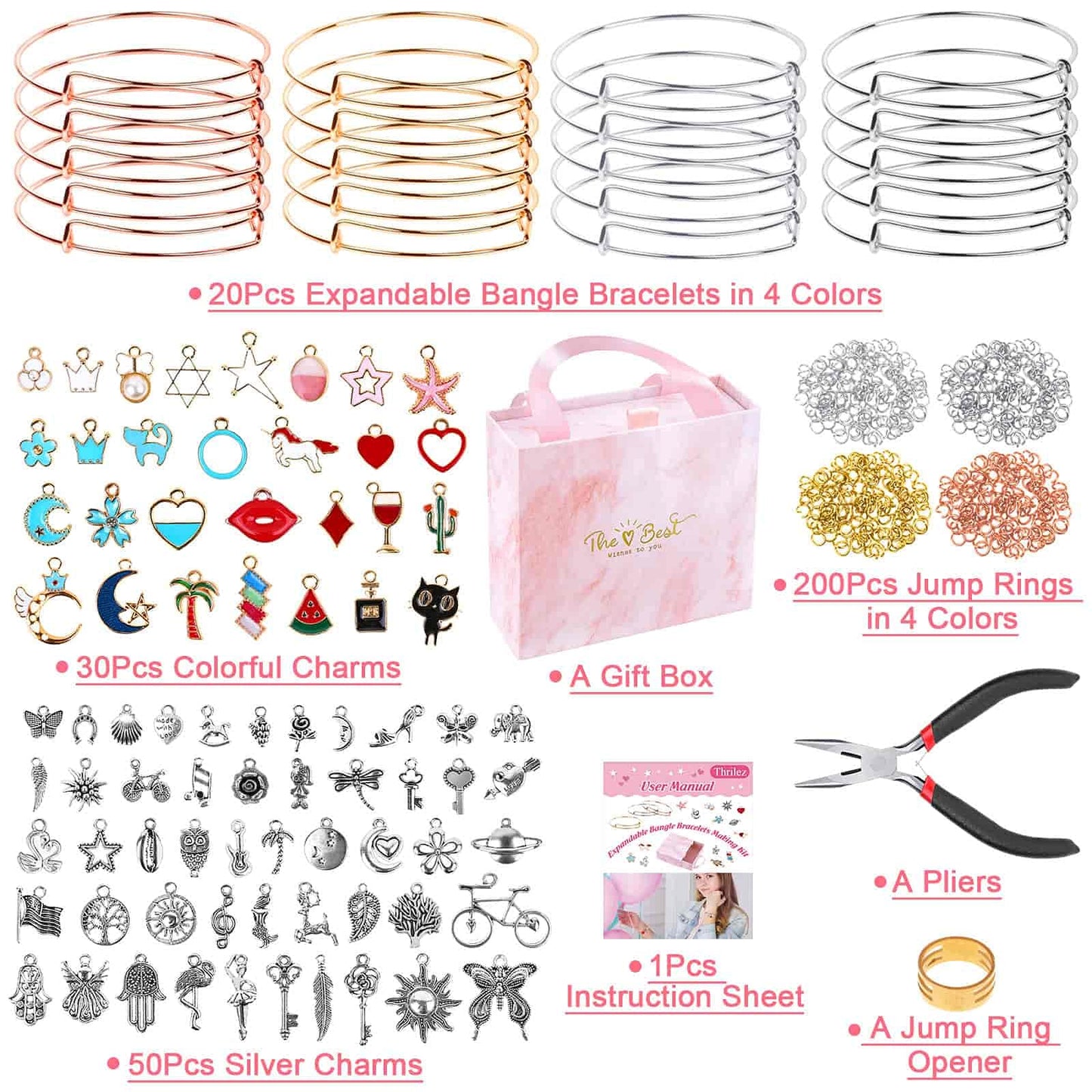 Thrilez 300Pcs Charm Bangle Bracelets Making Kit with Expandable Bangles, Charms, Jump Rings and Pliers for Jewelry Making Bangle Bracelets (with Gift Box and Tools)