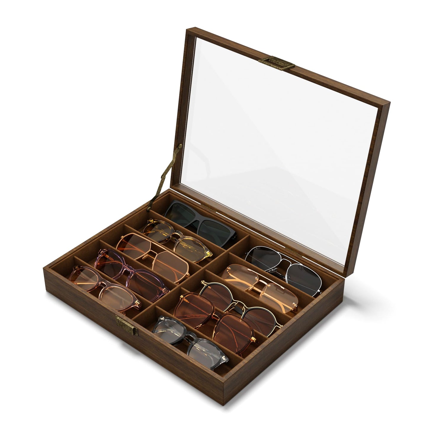 NEWLOOP Sunglass Organizer for Women Men - Multiple Pair of Sunglasses Storage Box Eye Glass Watch Display Case with 10 Slots Wooden