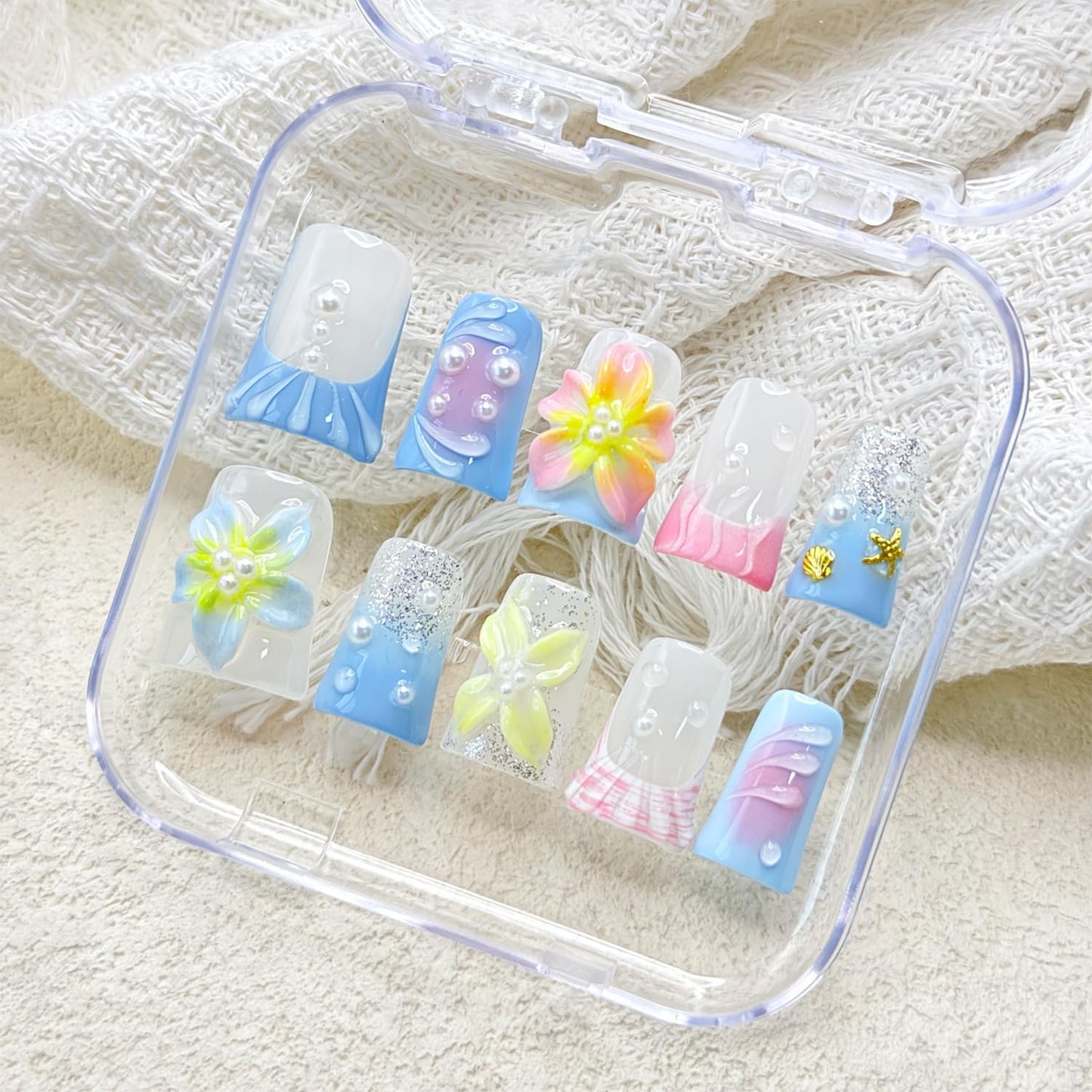 3D Flower Blue Gradient Handmade Press on Nails Shiny White Pearl Design Pink Gradient False Nails with Gold Shell Starfish Artificial Acrylic Full Set Press on Nail for Women Girls 10 Pcs （Size M）