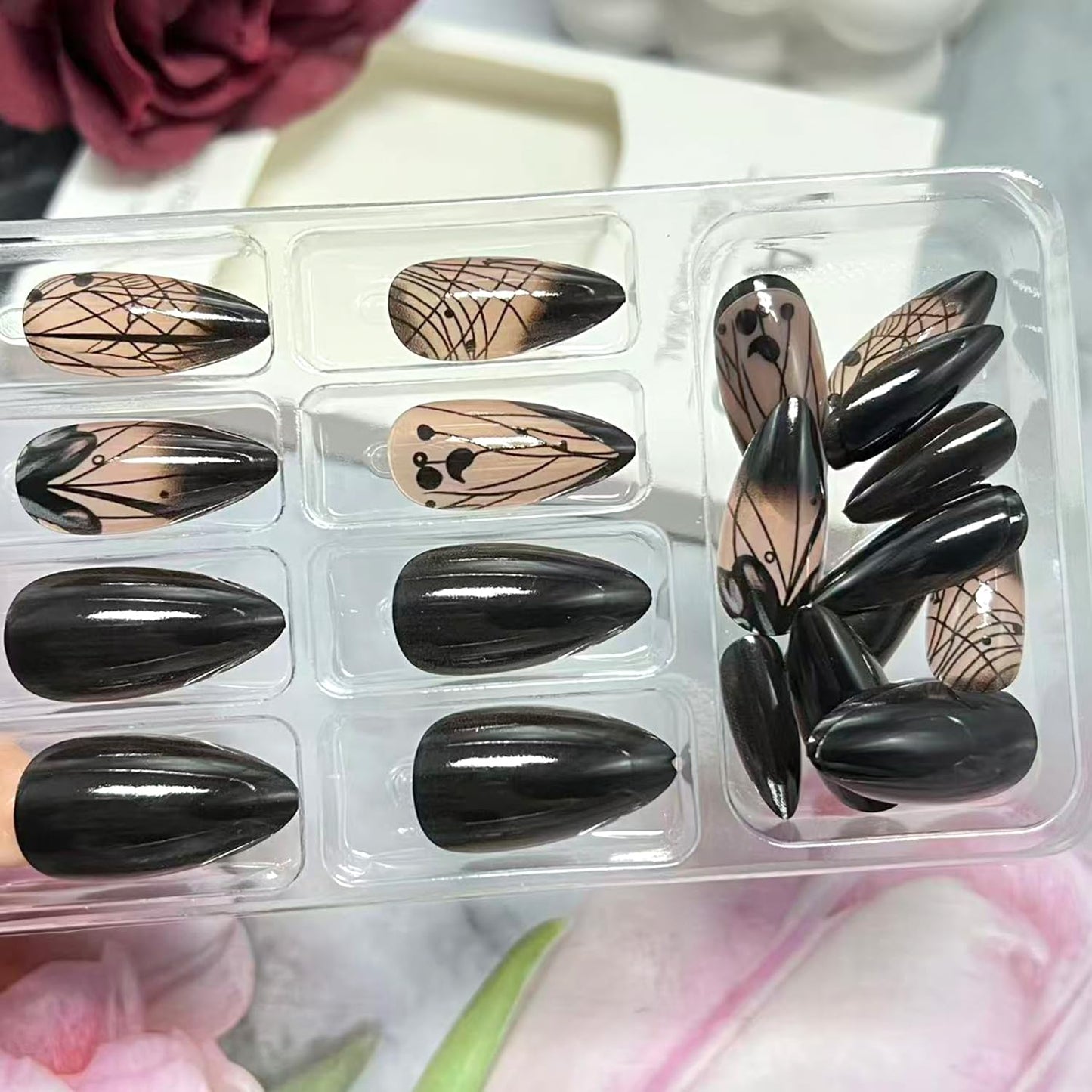 Black Gradient French Tip Press on Nails Medium Almond Fake Nails Irregular Lines Acrylic Glue on Nail Glossy Full Cover False Nail for Women