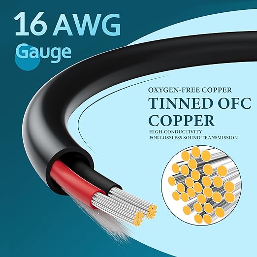 HiFind 16/2 Gauge Speaker Wire Cable 150 Ft-Tinned OFC Copper-UL CL3 Rated- Indoor/Outdoor-Pro Series 16 AWG-UV PVC Jacket&Cotton, Hi-Fi Sound for Car Audio,Home Theater Speakers,Stereos-Black