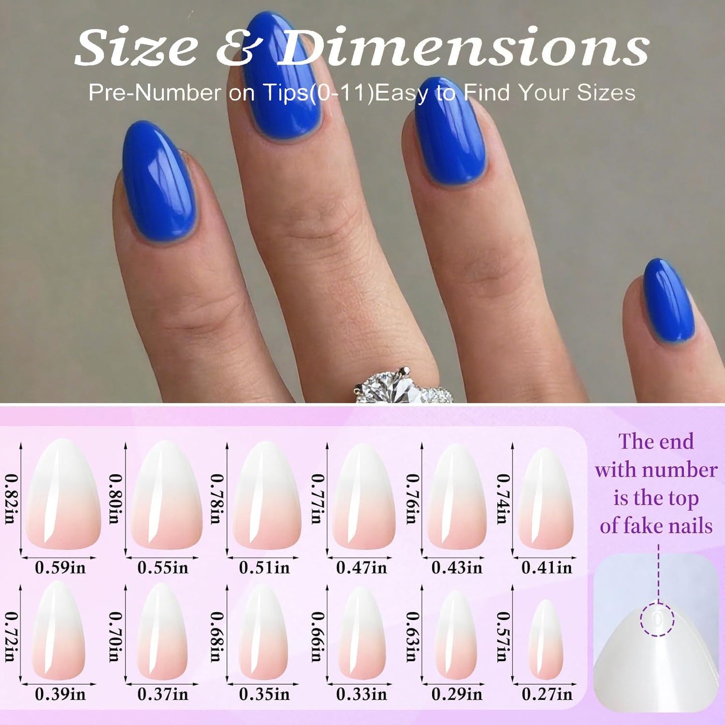 Blue Press On Nails Almond -Short Press On Nails with Nail Glue, Fit Perfectly & Natural Reusable Stick On Nails in 12 Sizes - 24PCS Soft Gel Glue On Nails Kit