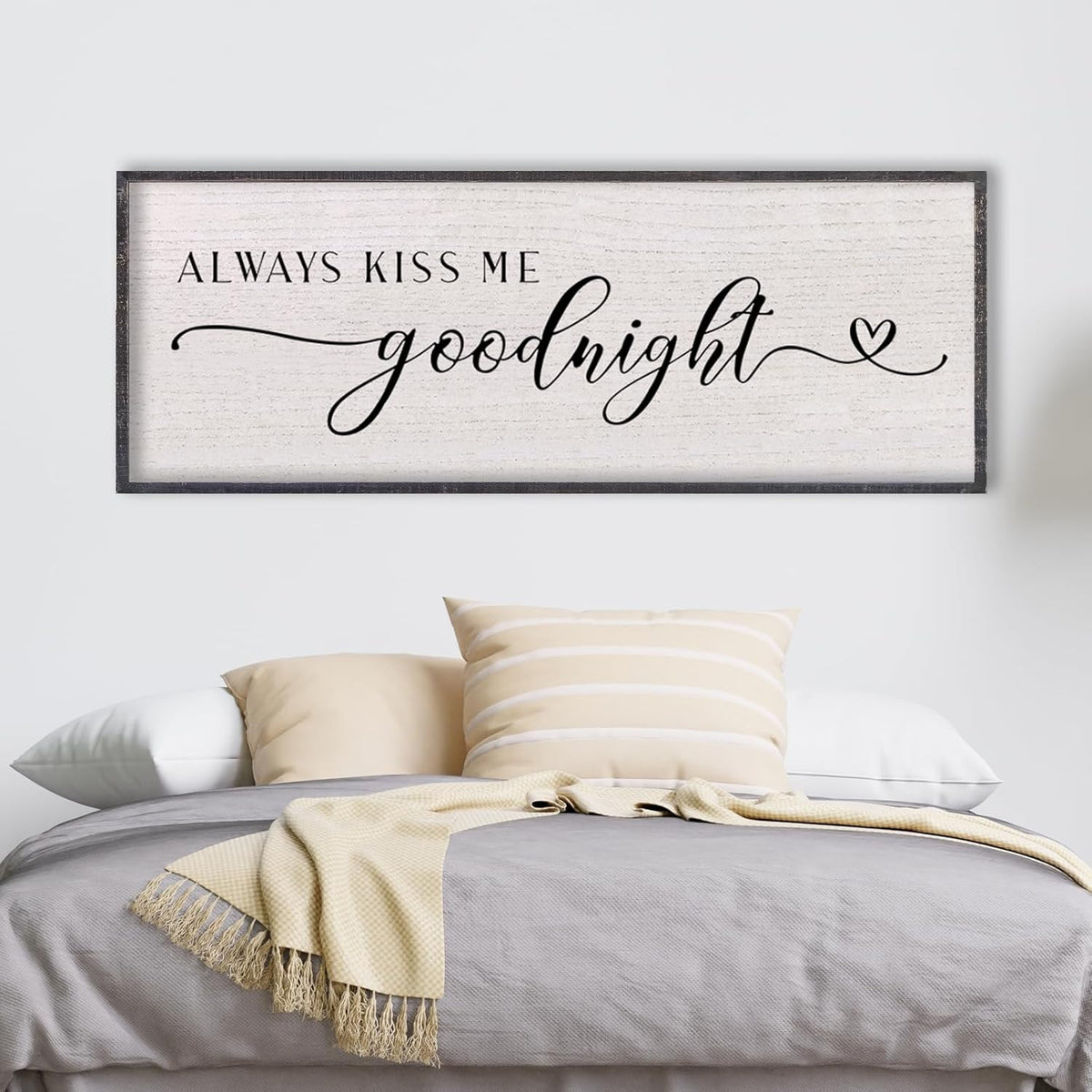 LuZhiQiang Above Bed Love Theme Wall Decor Always Kiss Me Goodnight Sign 40"×15" Wood Framed for Master Bedroom Over Bed Wall Art (Black)