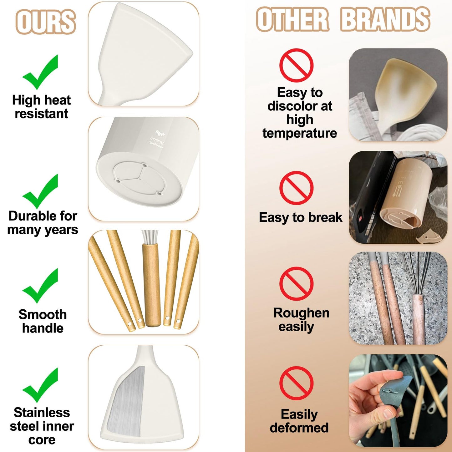 Umite Chef Silicone Kitchen Utensil Set, 34PCS Heat Resistant Kitchen Gadgets and Tools With Grater, Cream White Wood Handles for Nonstick Cookware