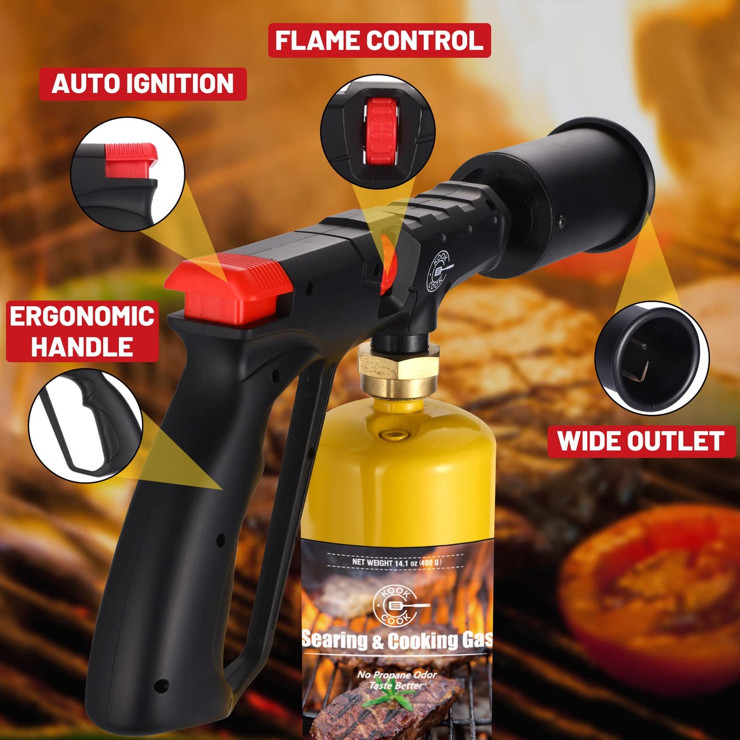 Propane Cooking Torch Head Food Grill Torch Gun Charcoal Wood Grills Lighter Campfire Starter Camp Chef Blow Torch for Cooking Sous Vide Flame Thrower Kitchen Blowtorch BBQ Searing Steak Flamethrower