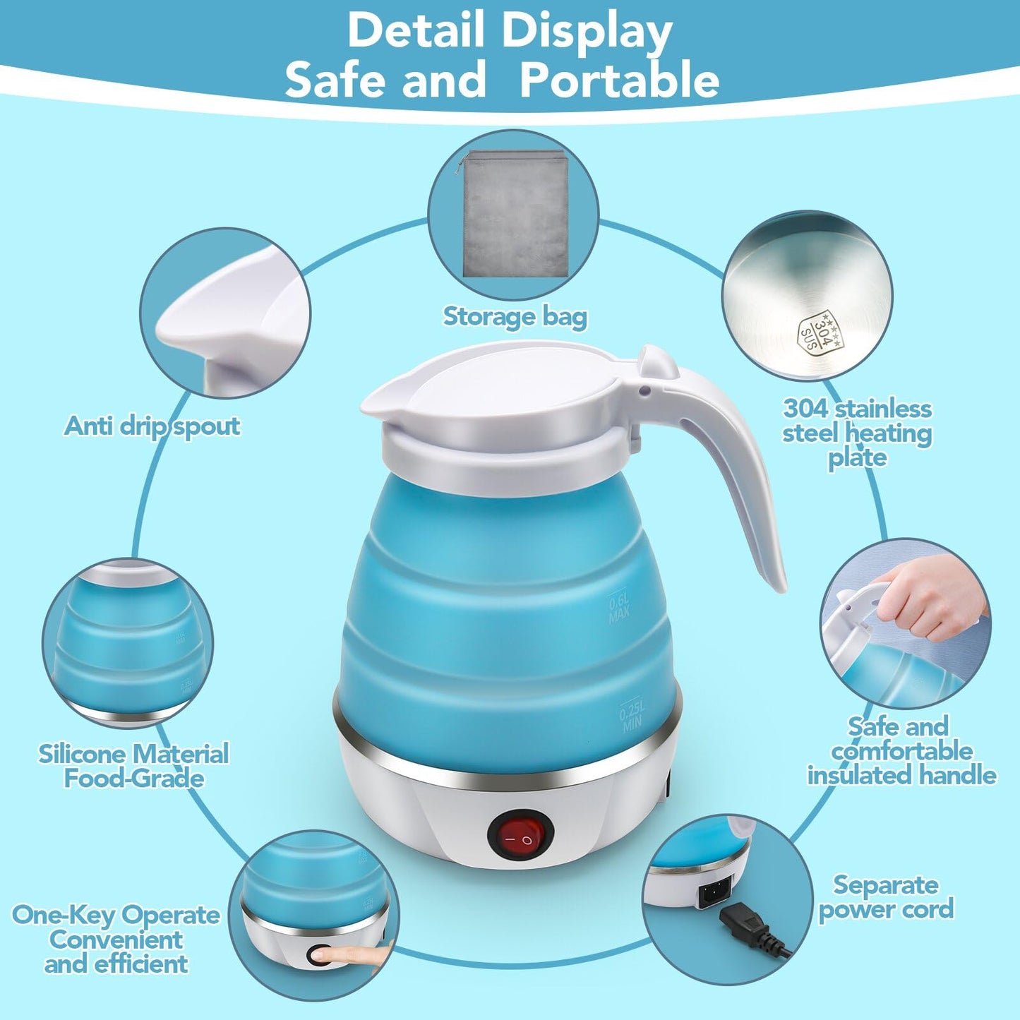Travel Kettle Electric Small Foldable Portable Kettle,Silicone Collapsible Heating Water Boiler Tea Pot for Camping,Easy for Storage with Separable Power Cord (Blue pro)