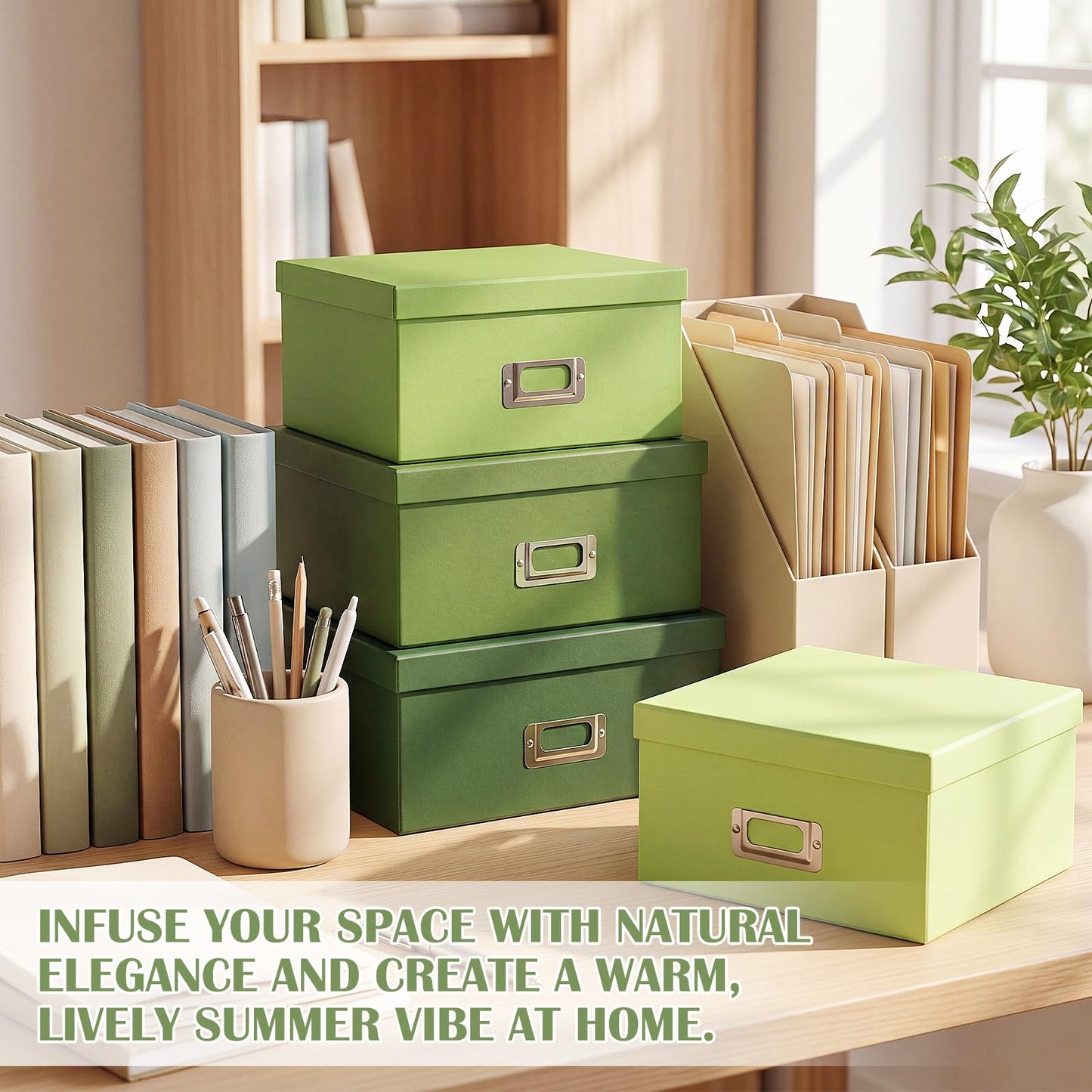 YooNotee 4 Pcs Decorative Storage Boxes with Lids, Stackable Paper Storage Boxes with Label Holders, Photo Memory Keepsakes Gift Boxs for Home Office Closet File Organizer(Green Gradient)