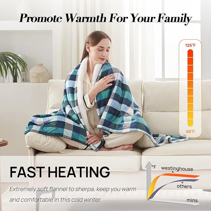 Westinghouse Electric Throw Heated Throw Blanket Soft Flannel & Sherpa Heating Blanket with 6 Heating Levels 2-10 Hours Auto-Off, Overheat Protection Machine Washable, Green 50x60 Inches