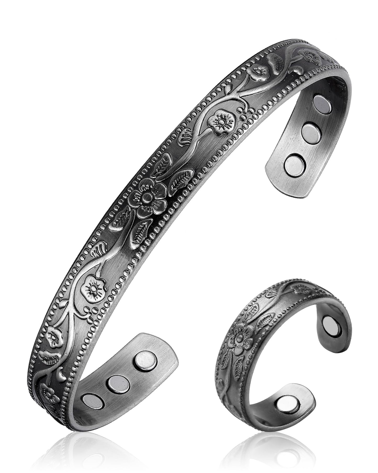 BioMag Copper Bracelet & Ring for Women, 99.99% Pure Copper Magnetic Bracelet Lymphatic Drainage Rings with 3500 Gauss Magnets, Adjustable & Flower Pattern (Antique Silver-A)