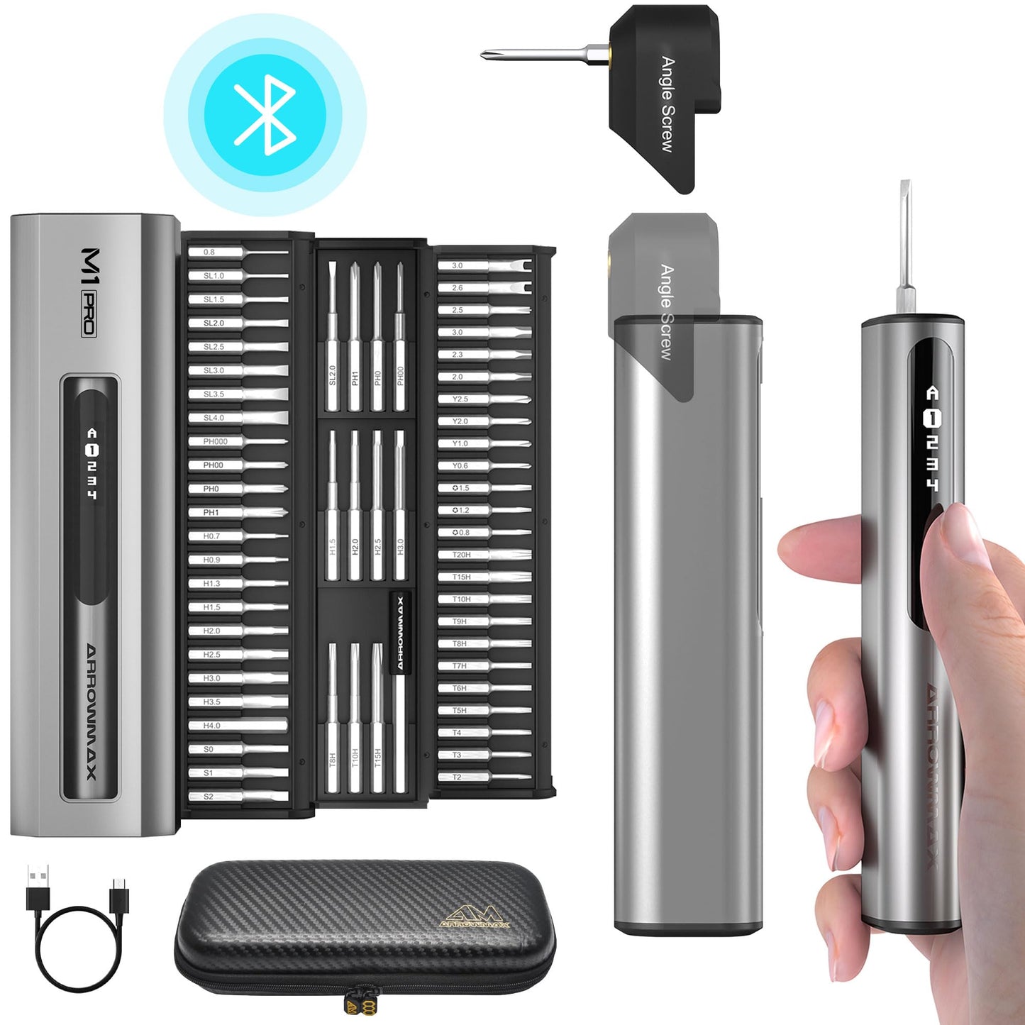 AM ARROWMAX Mini Electric Screwdriver & Removable Angle Screw, 60 in 1 7.4V Precision Electric Screwdriver Set, Repair Tool Set For Phone Camera Watch Laptop (M1 PRO PLUS)