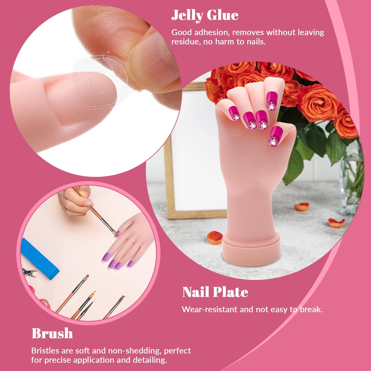 Solaradgy Practice Hand for Acrylic Nails Flexible Bending Nail Practice Hand Training Fake Hand Nail Hand Practice Tools with 100PCS Nail Tips, 120PCS Jelly Double Sided Nail Adhesives and 9PCS Brush