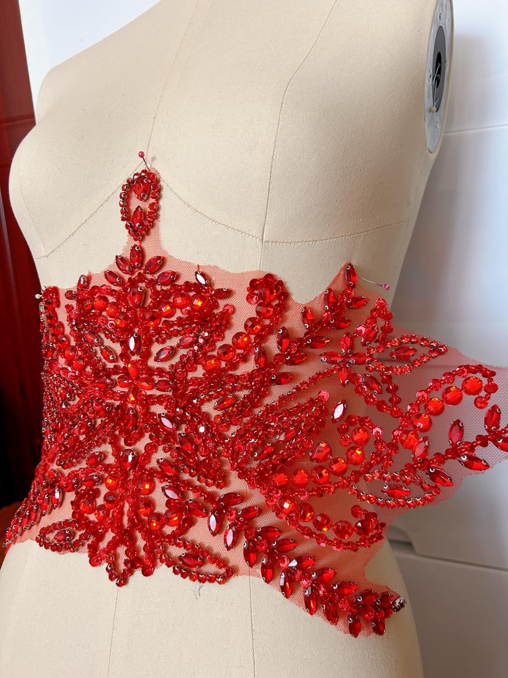 Handmade Beaded Waist Decoration Patches - Removable Rhinestone Appliques for Clothing, Belts, DIY Costume Accessories (Red)