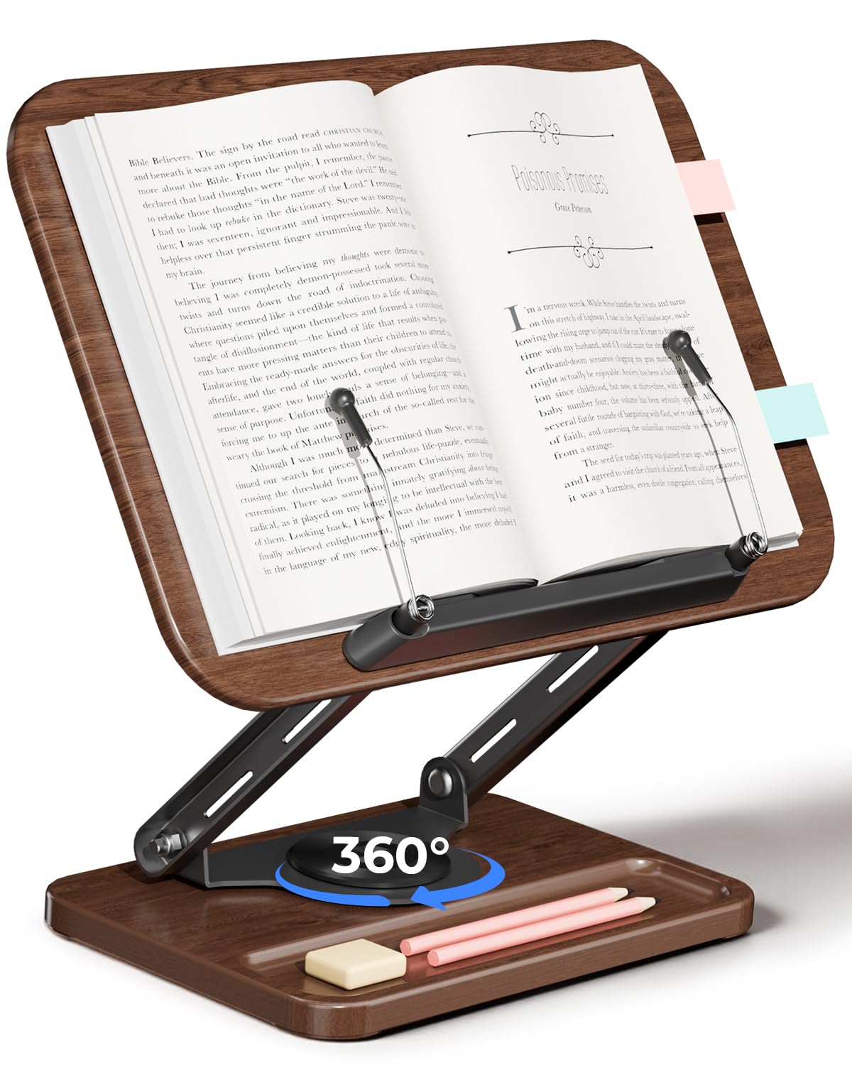 Viozon Book Stand for Reading, Book Holder 360° Rotating Base with Pen Slot, Foldable Reading Display Stand with Elastic Page Clips for Cookbook, Recipe, Textbook, Tablet, Laptop