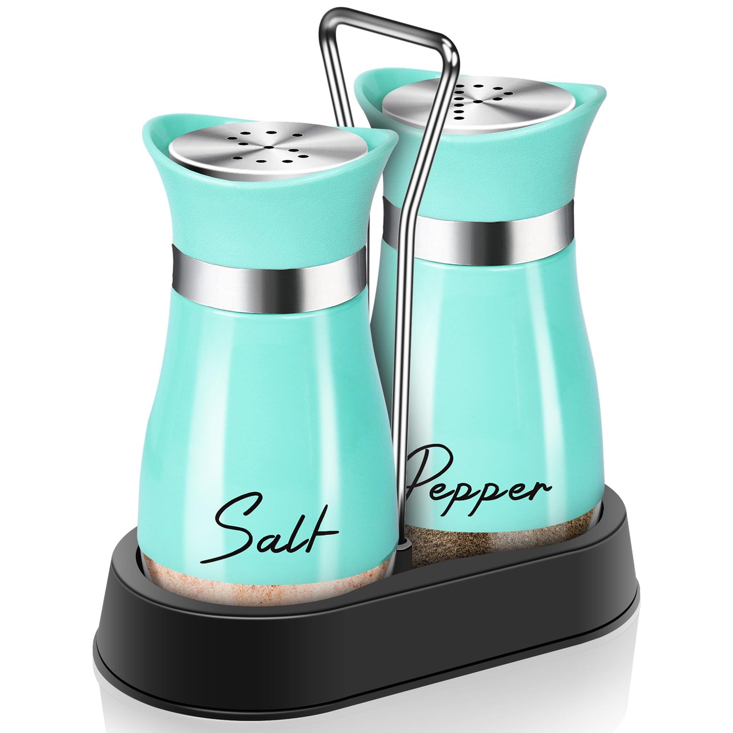 Teal Salt and Pepper Shakers Set with Holder,4 oz Turquoise Kitchen Decor and Accessories Farmhouse Gadgets Table Housewarming Gift Christmas Decor Refillable Design (Teal)
