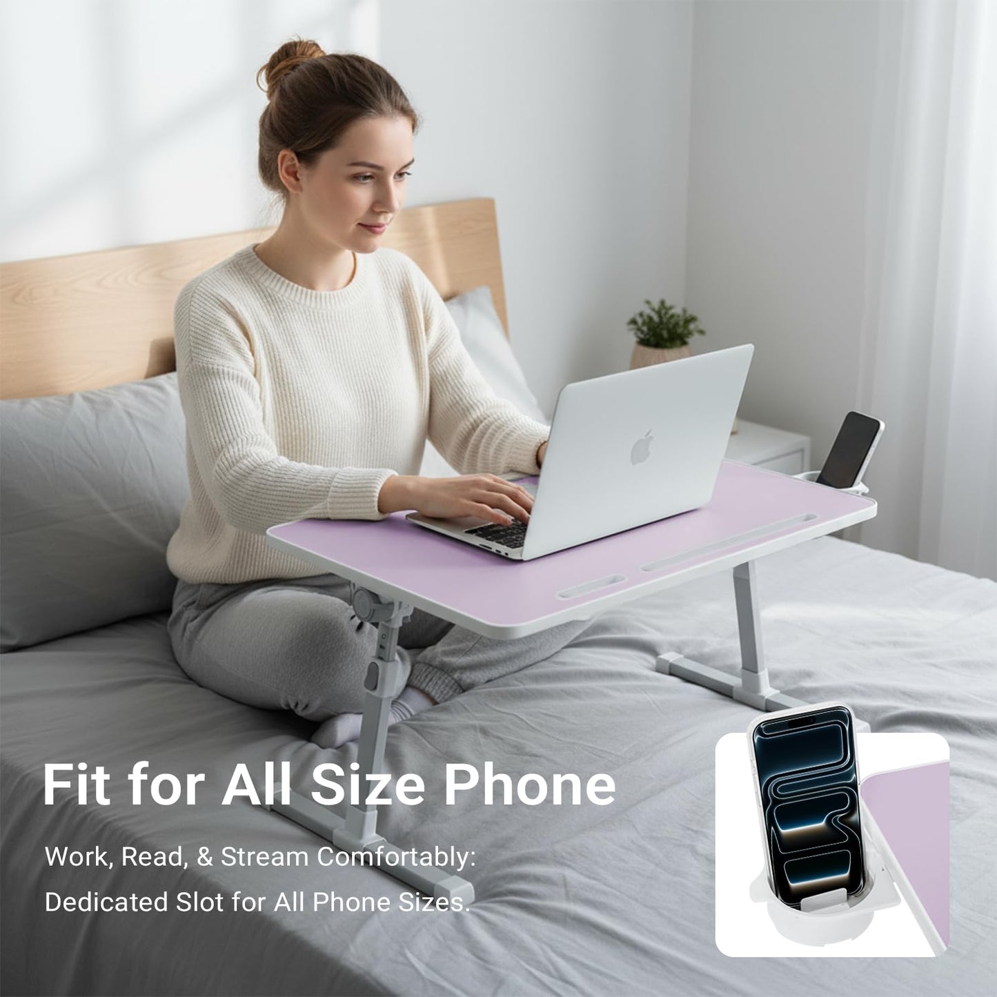 iXTRA Laptop Lap Desk with Cooling Fan - Adjustable Bed Desk with Light, Bed Table with Cup Holder&Phone Holder - Storage Drawer Desk - Folding Bed Desk,Purple,70x45cm