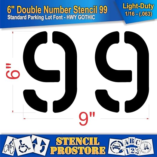 Pavement, Curb, and WheelStop Stencils - 6 inch Double Number Stencil - (99) - 6" x 9" x 1/16" (63 mil) - Light-Duty