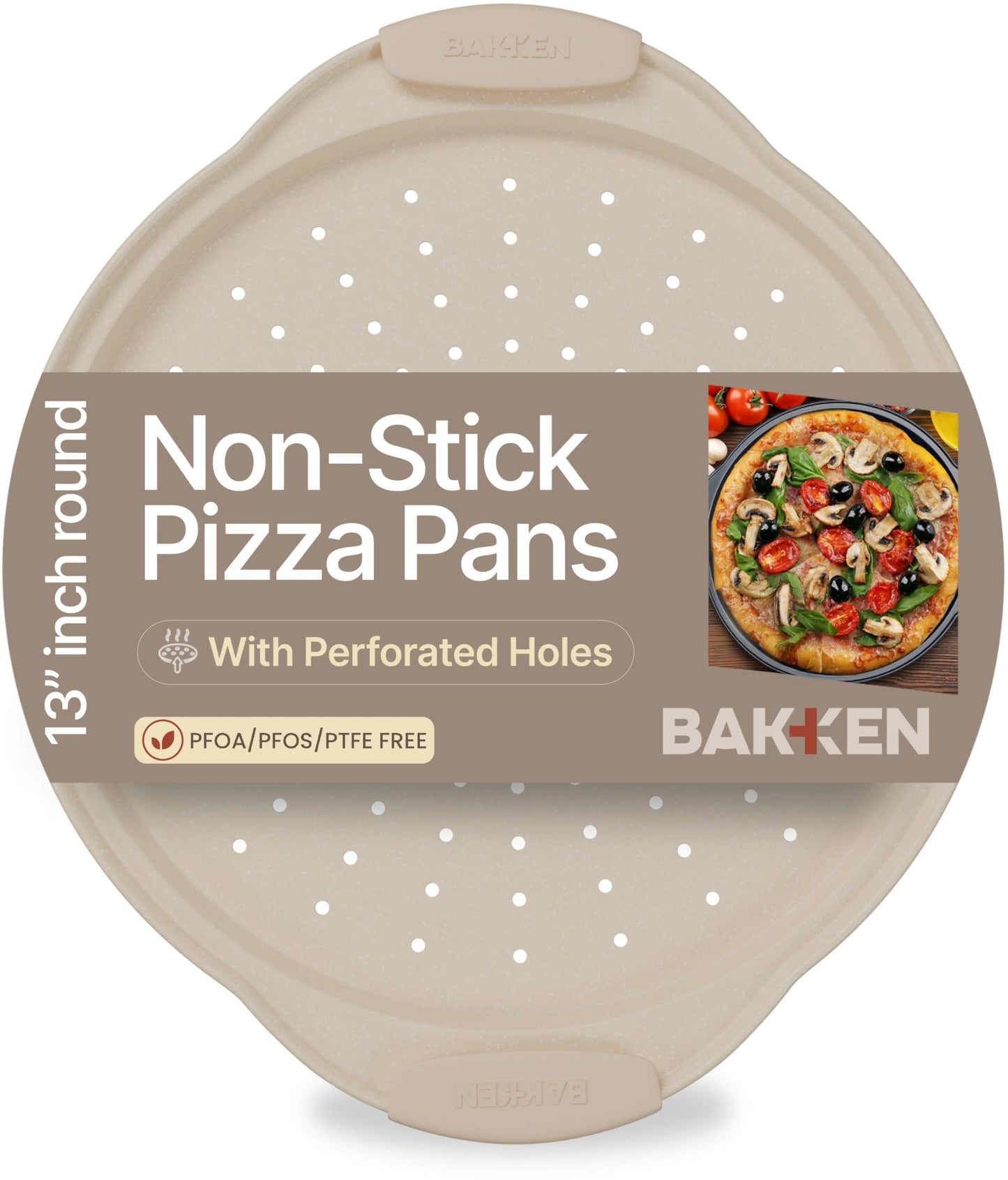 Bakken Pizza Baking Pan - Round Perforated Carbon Steel Pan with Non-Stick Marble Coating, Oversized Silicone Handle, Dishwasher Safe, High-Temperature Resistant, Durable & Easy Cleanup White, 1 Pack