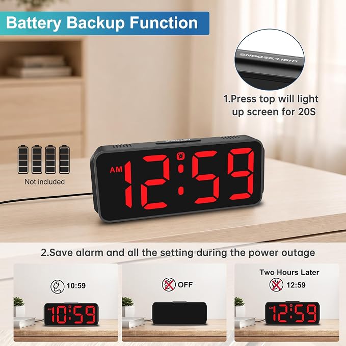 Peakeep Small Digital Alarm Clock for Bedroom, Large Number, Battery Backup | Plug-in Tiny Electric Clock Brightness Dimmable for Bedsise Desk Table Small Spaces, 5 Volume, Easy to Set, Adapter Included