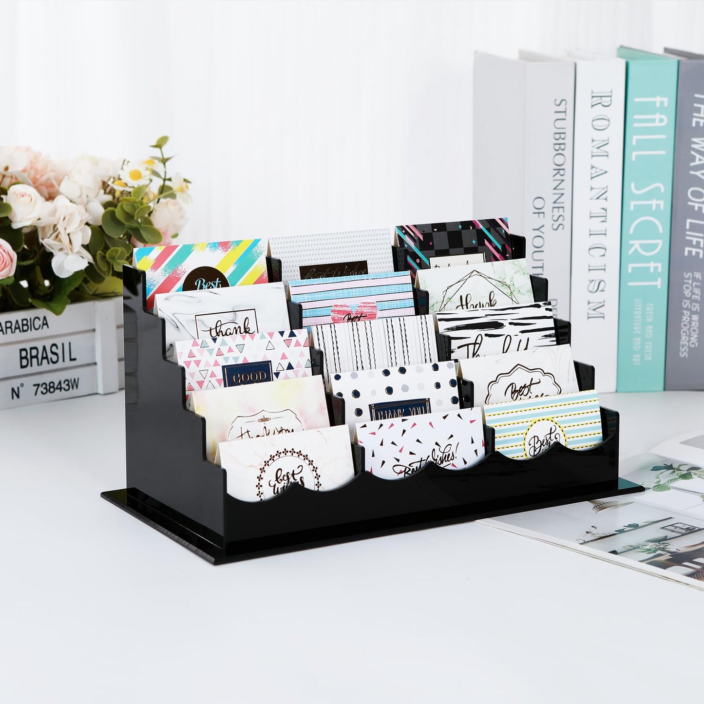 Vevitts Business Acrylic Card Holder Display for Desk, 15 Slots 5 Tiers Multiple-Black Acrylic Business Card Stand Set, Holds Approximately 750 Cards
