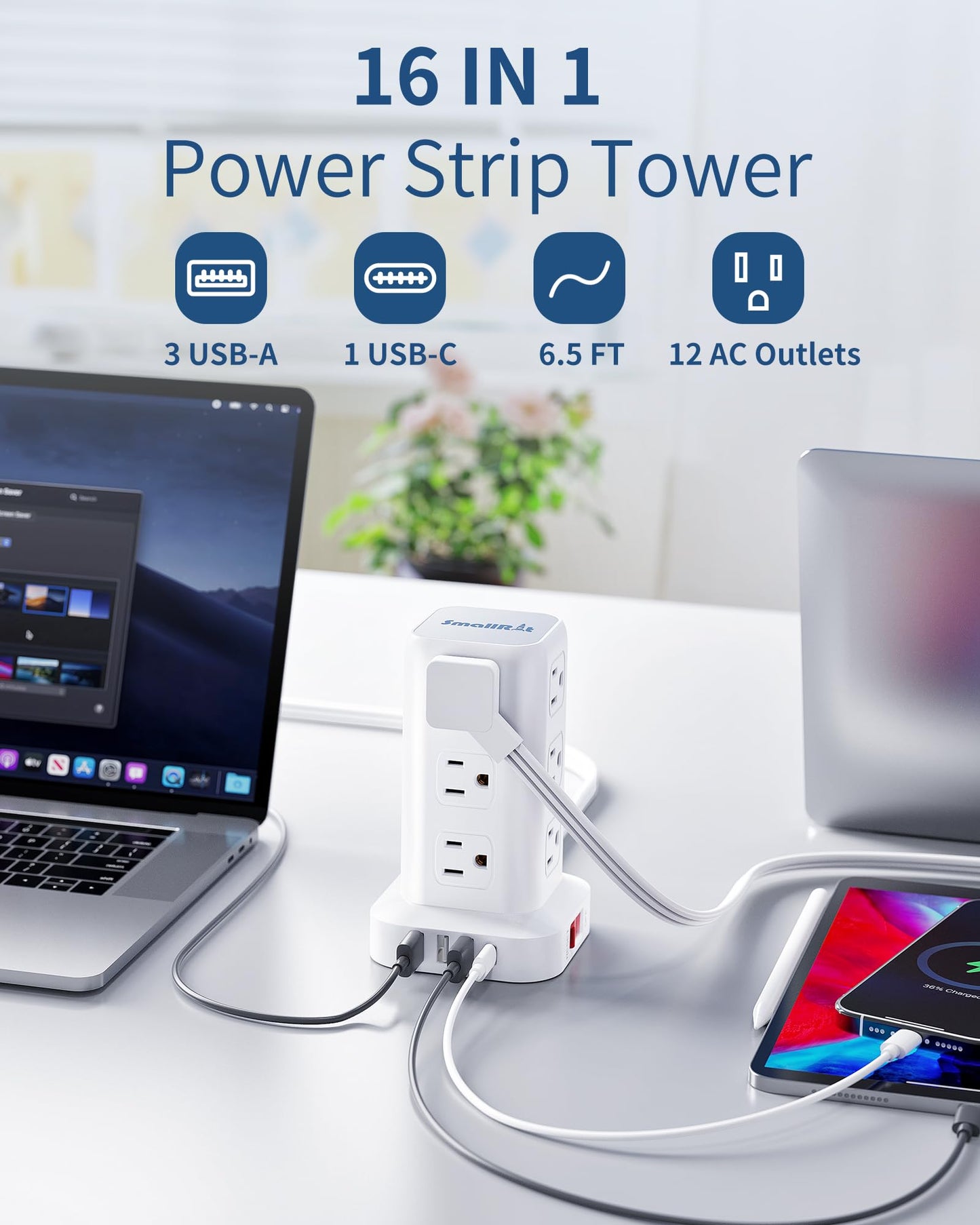 Extension Cord with Multiple Outlets, SMALLRT Flat Plug Surge Protector Power Strip Tower with USB 12 AC Outlets, 6.5FT Ultra Thin Extension Cord Outlet Extender for Home Office, Overload Protection
