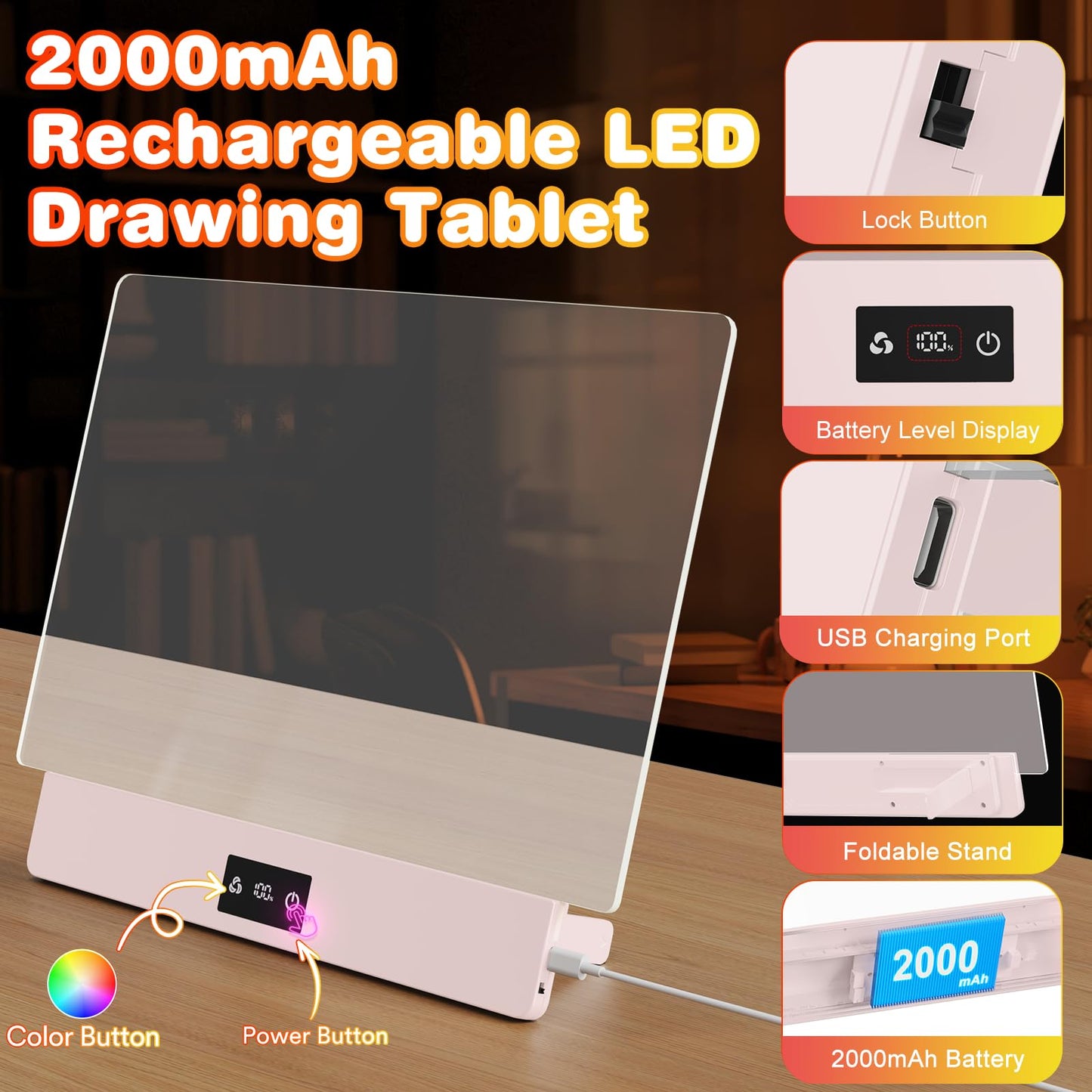 LED Drawing Board, 16" Rechargeable Light Up Drawing Pad with 2000mAh Rechargeable Battery, Multi-Functional LED Display Board for Drawing/Message/Night Light, Creative Gift Art Kit, Pink