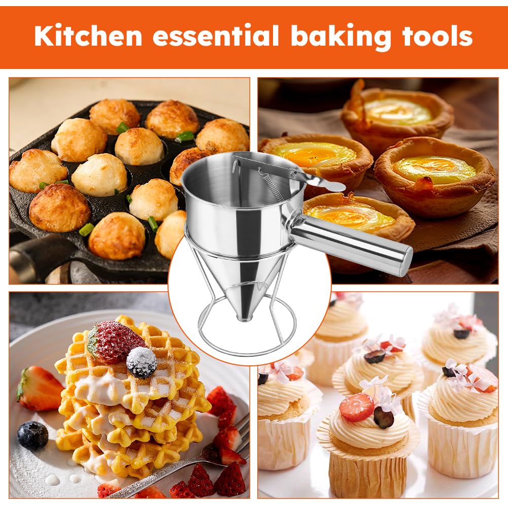Pancake Batter Dispenser, Stainless Steel Funnel Cake Dispenser with with Squeeze Handle & Stand for Cupcakes, Pancakes, Takoyaki, Waffle and Baked Goods(Size:S,600ml)
