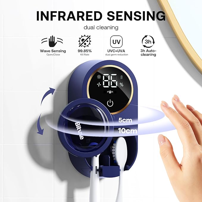 Bitvae Upgraded Tooth Brush Holder for Bathroom 2.0, Infrared Sensing Toothbrush Cleaner, Wall-Mounted for Any Size Toothbrushes, Air Drying, LED Smart Screen, Navy Blue