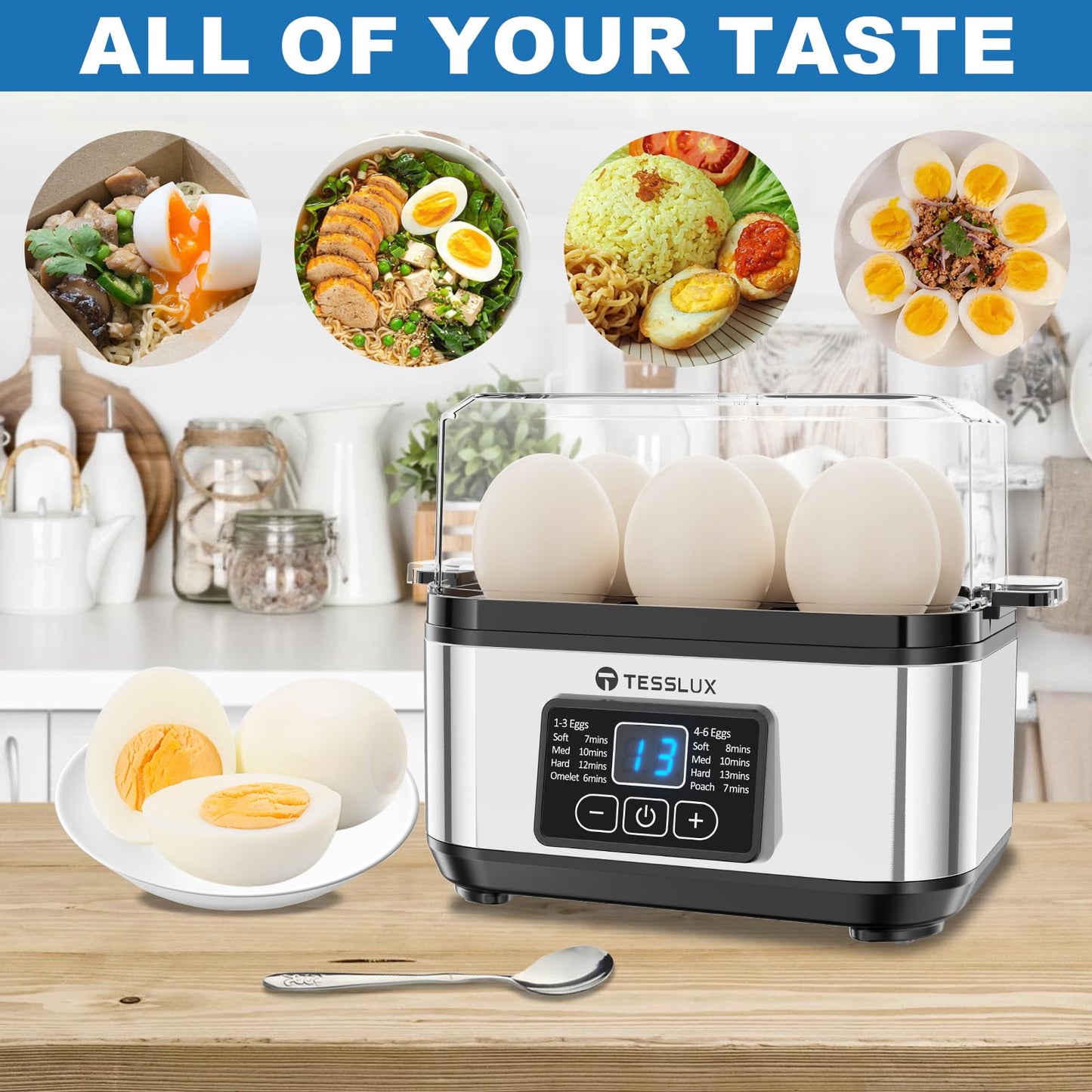 Tesslux Electric Rapid Egg Cooker, 6 Egg Capacity for Hard Boiled Eggs, Poached Eggs, Scrambled Eggs, or Omelets Maker with Auto Shut Off (Sliver)