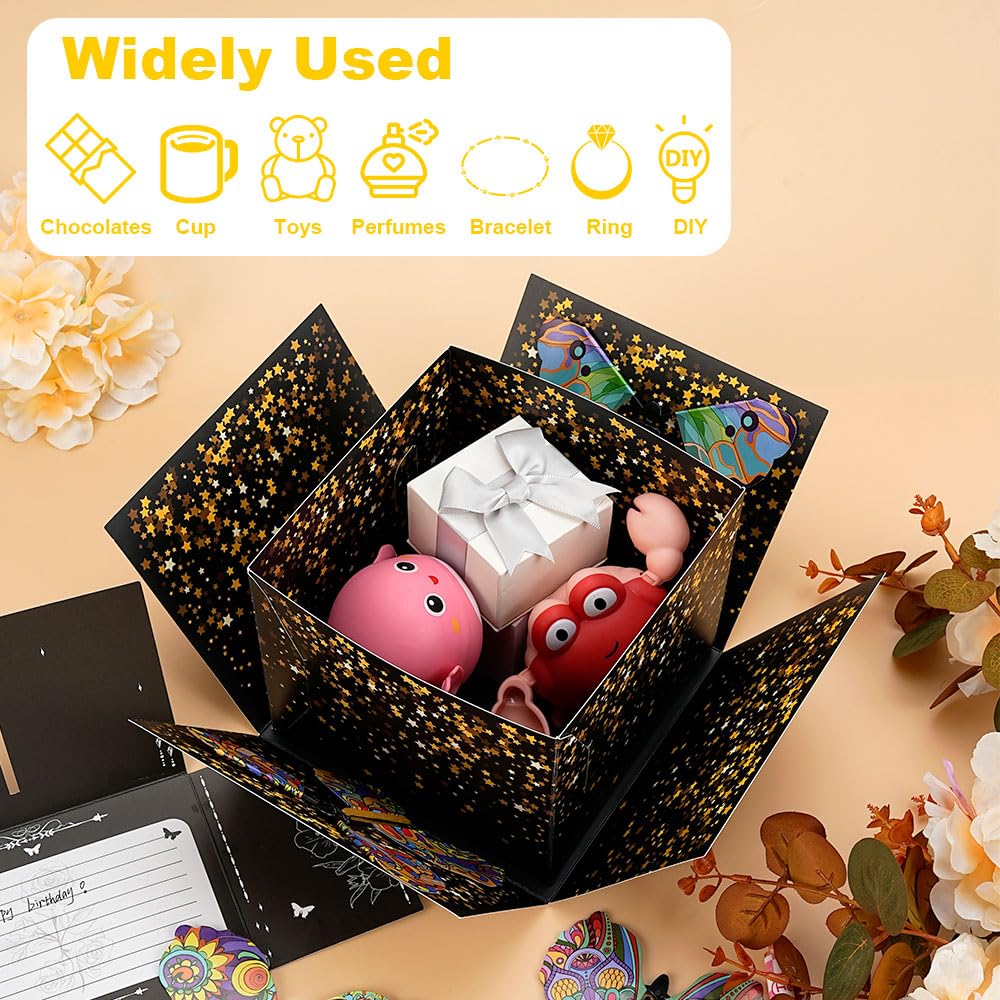 WCHOSOZH Surprise Explosion Gift Box with 4Pcs Flying Butterflies, Exploding Gifts Box with Congratulation Card, Butterflybirthday Surprise Boxes for Birthday Wedding Anniversaries Party Mothers Day(Black)