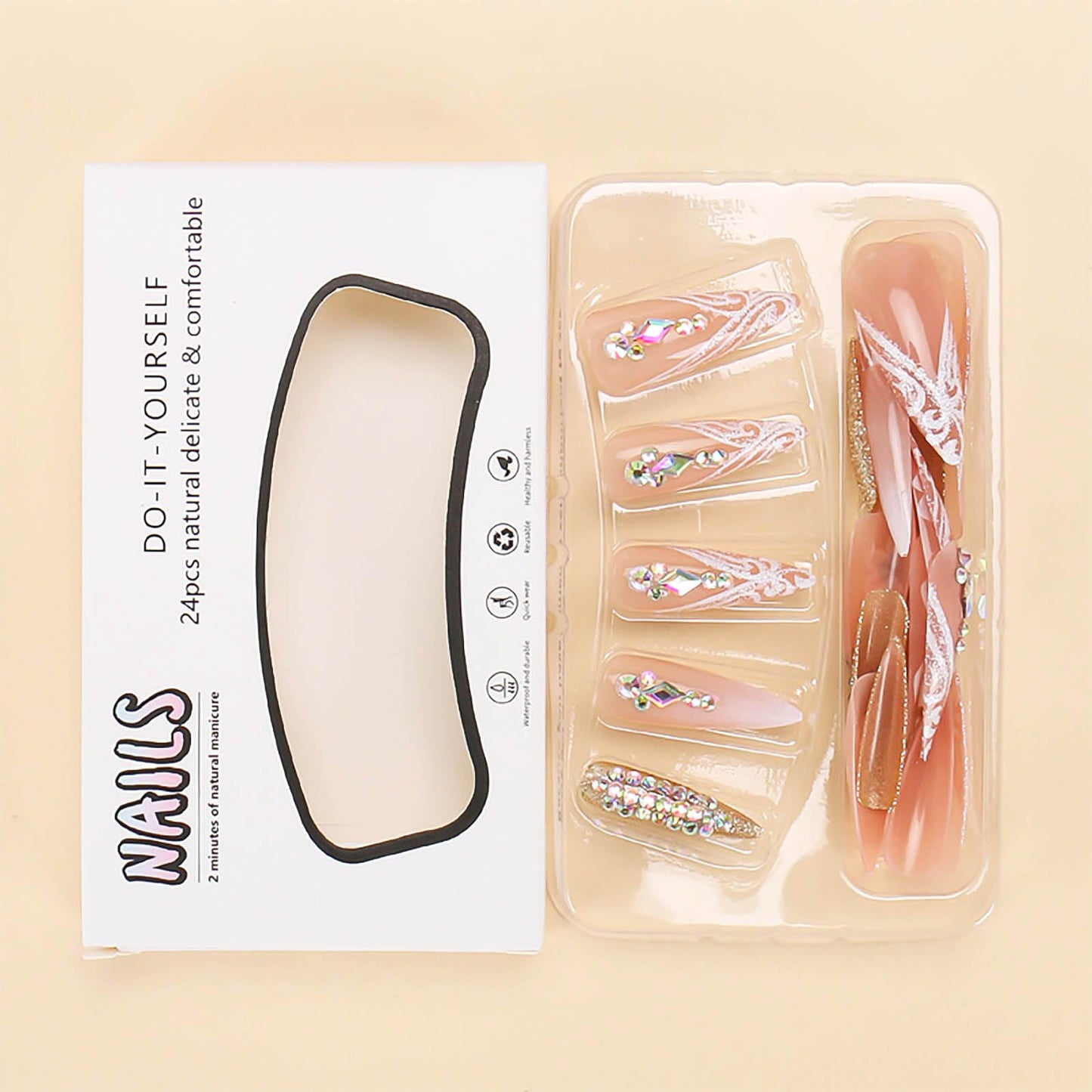 RUOKEXIN Long Press on Nails Stiletto Shaped Fake Nails Handmade False Nails with Rhinestones Designs White Ombre Glue on Nails Glitter Artificial Nails Luxury Stick on Nails for Women 24Pcs